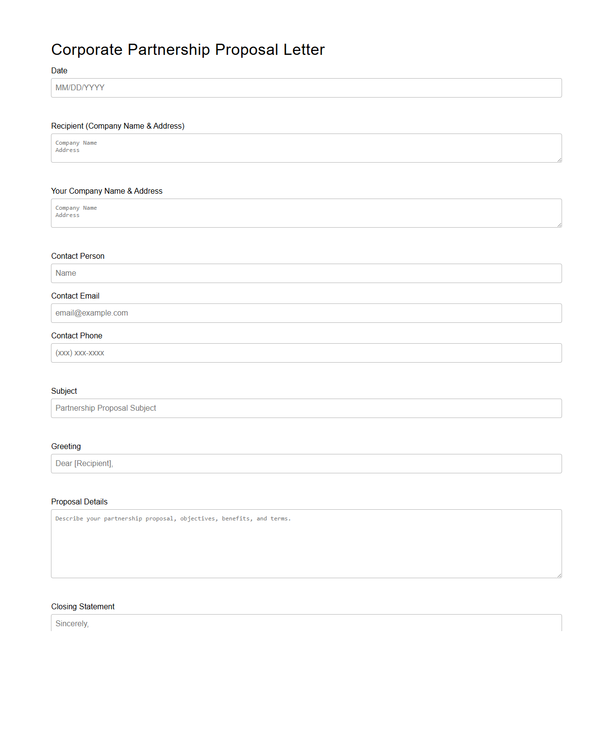 Corporate Partnership Proposal Letter Blank Form