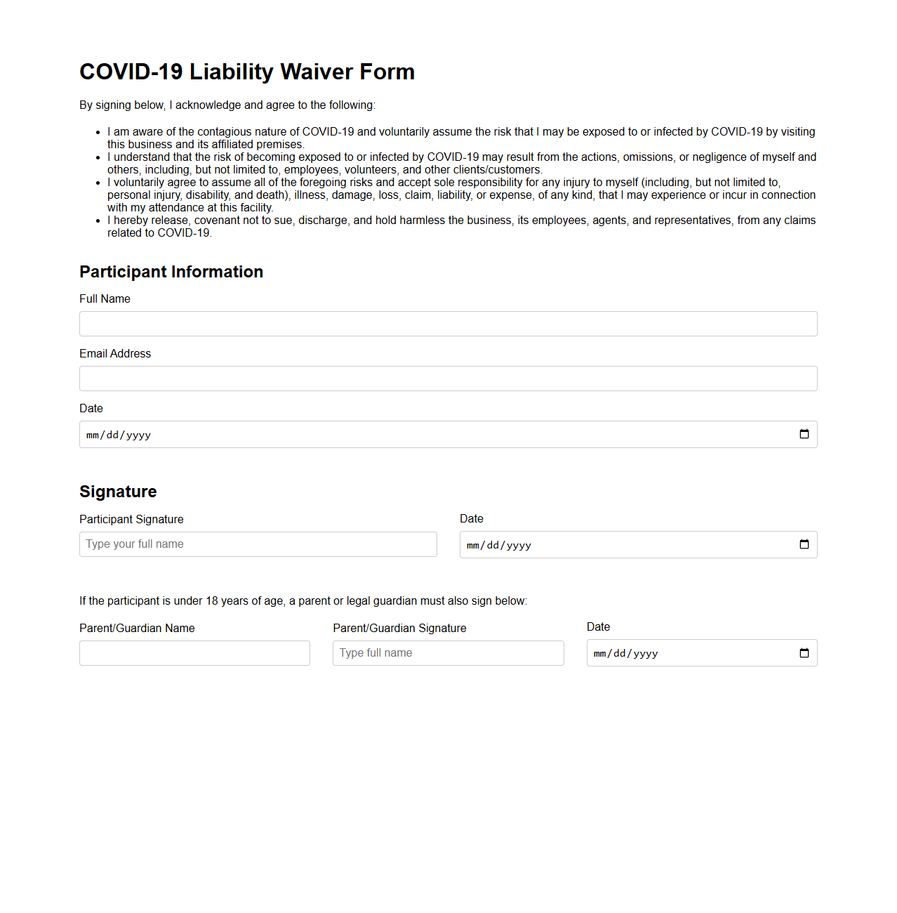 COVID-19 Liability Waiver Form for Businesses
