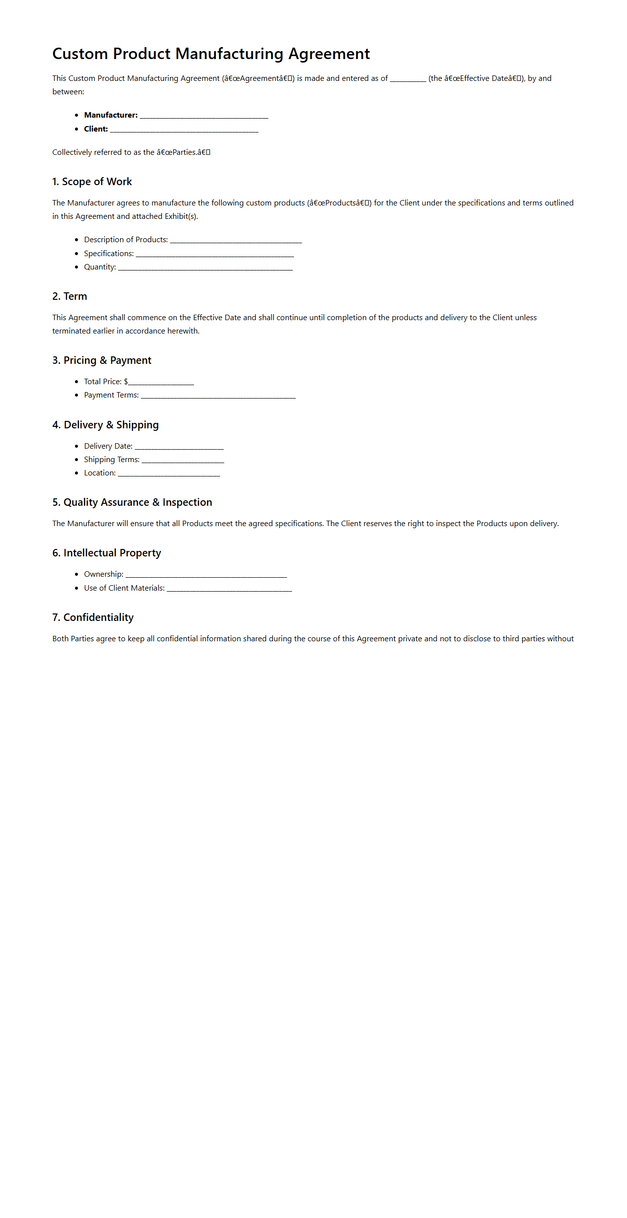 Custom Product Manufacturing Agreement Draft