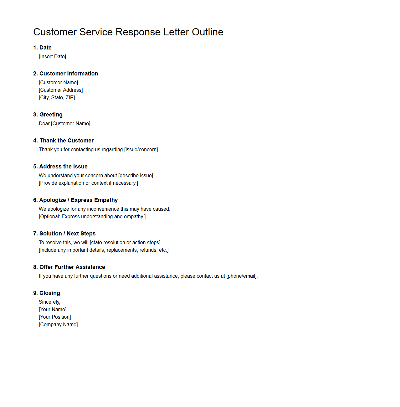 Customer Service Response Letter Outline