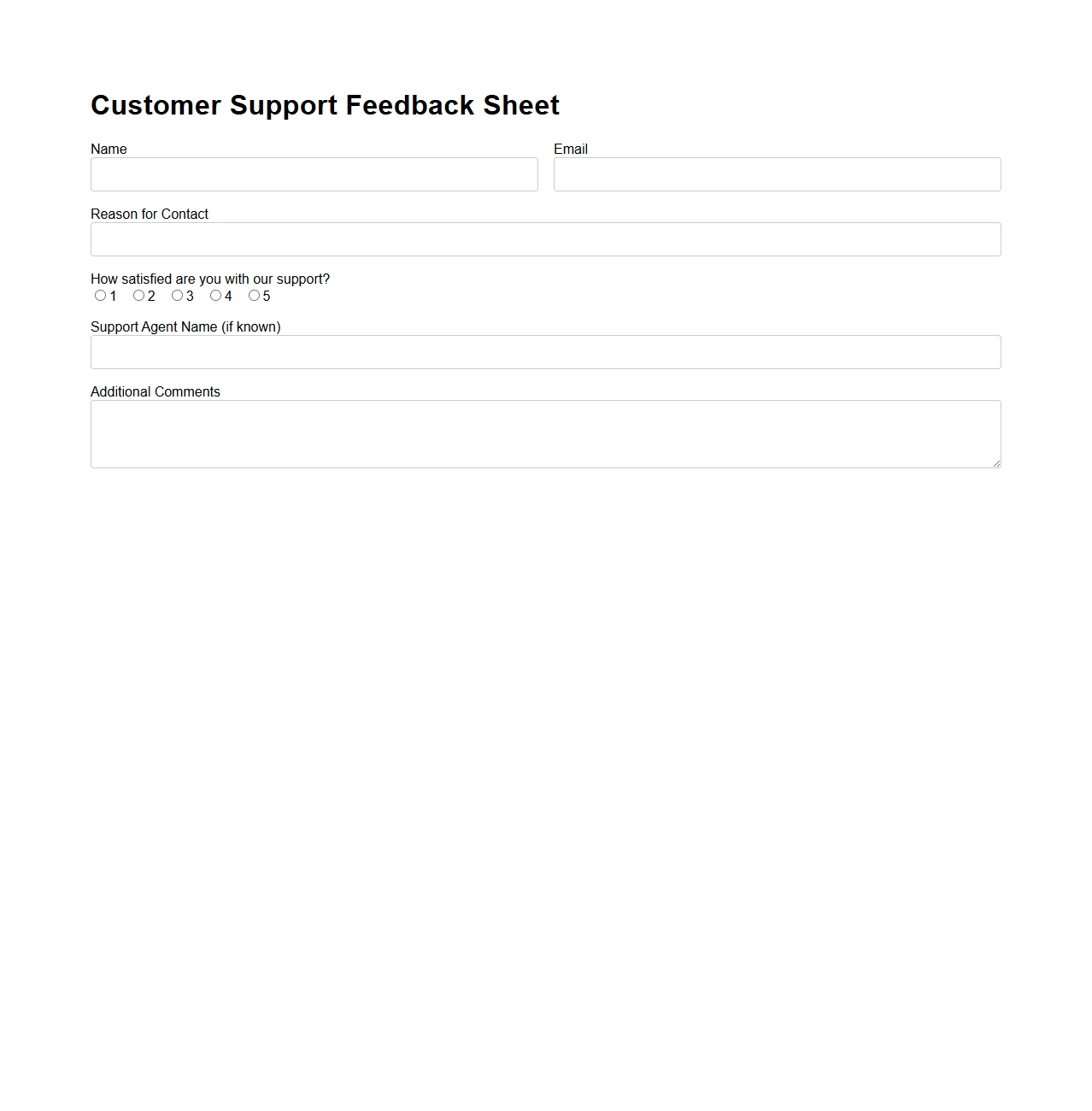 Customer Support Feedback Sheet