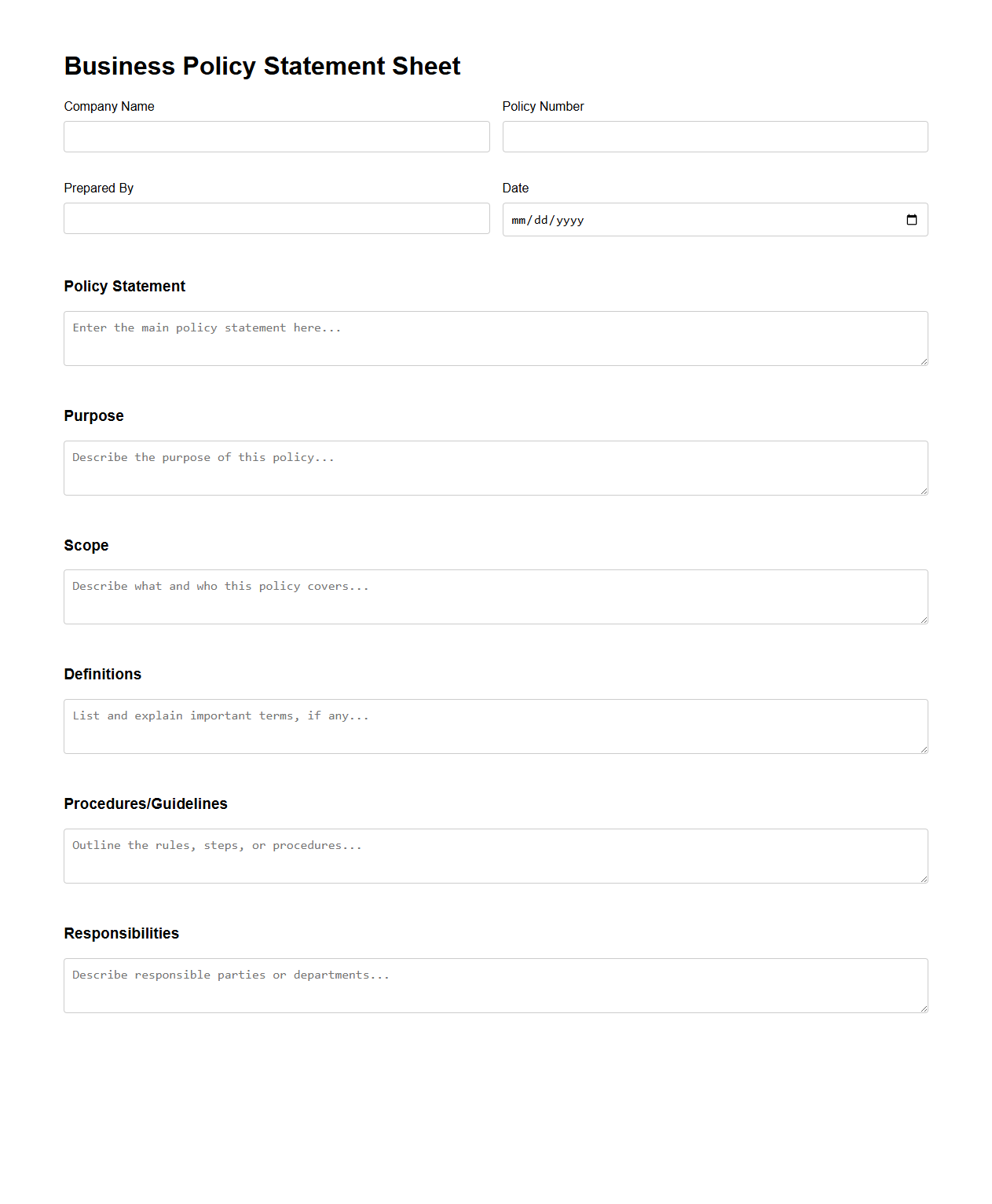 Customizable Business Policy Statement Sheet