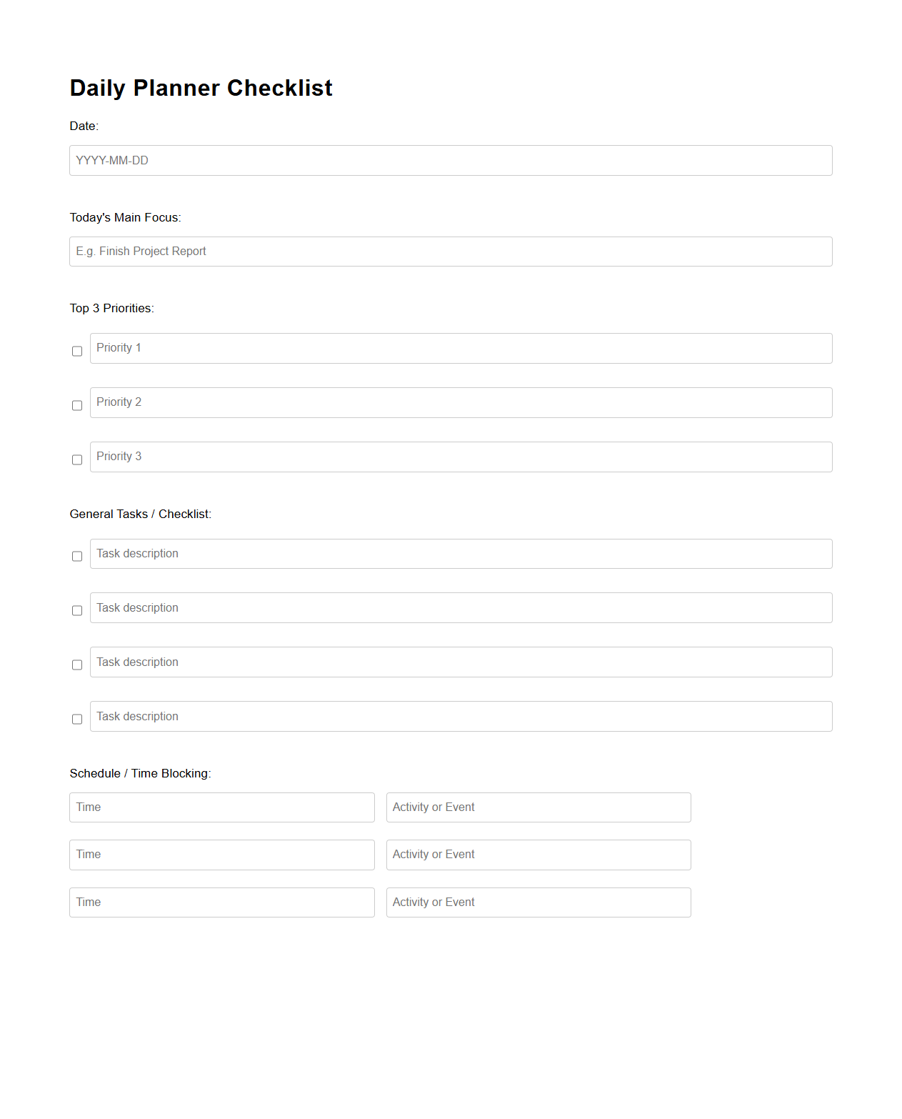 Customizable Daily Planner Checklist for Productivity