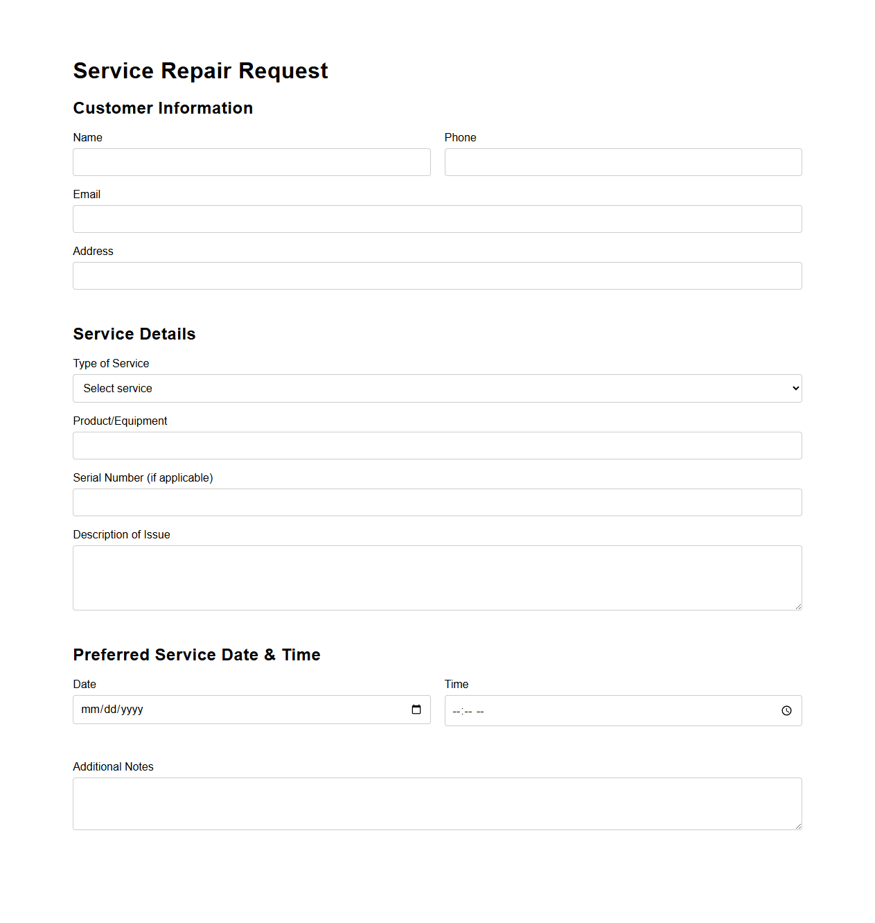 Customizable Service Repair Request Template