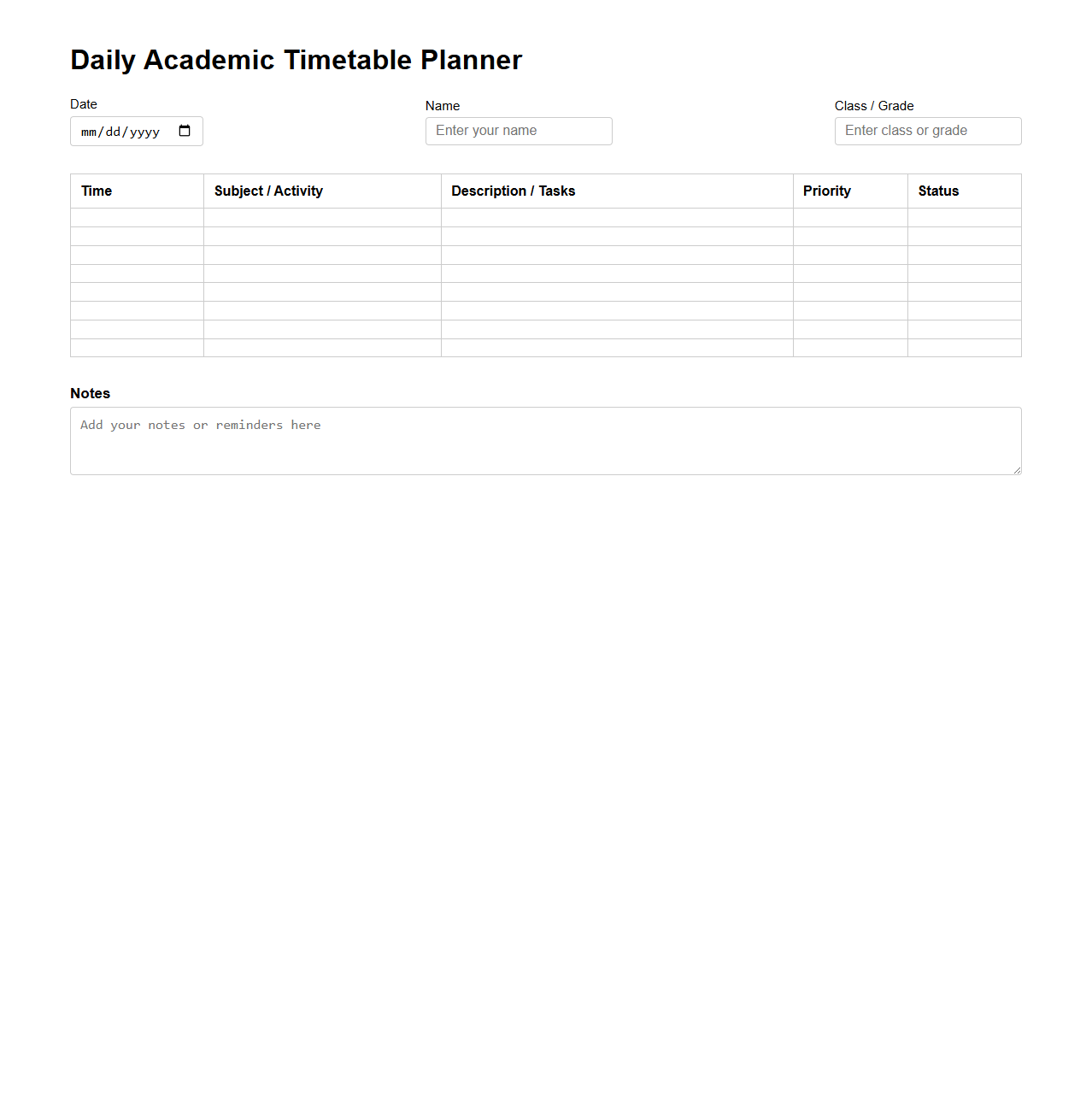 Daily Academic Timetable Planner Template