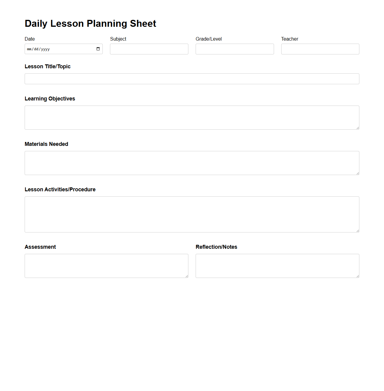 Daily Lesson Planning Sheet
