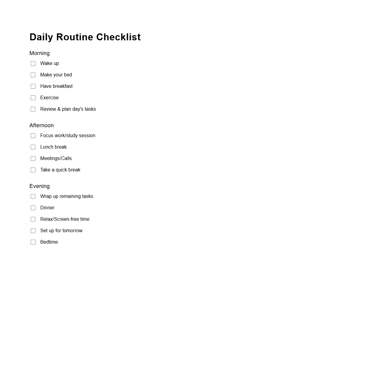 Daily Routine Checklist for Time Management