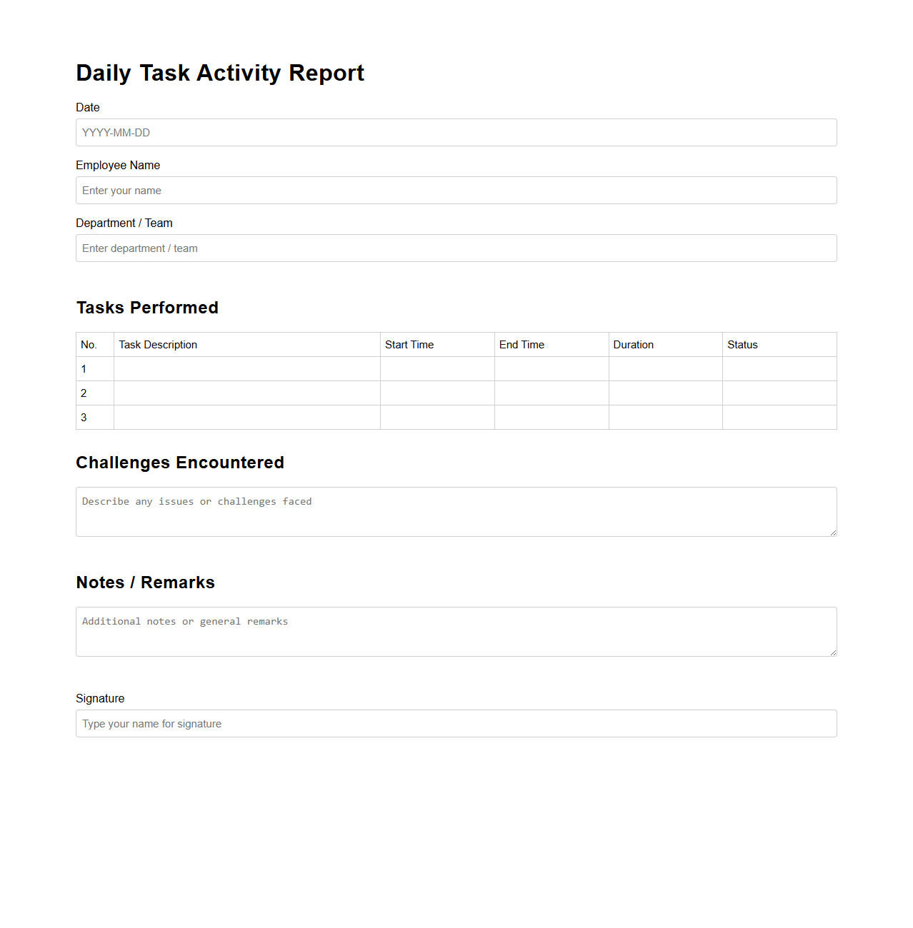 Daily Task Activity Report Outline