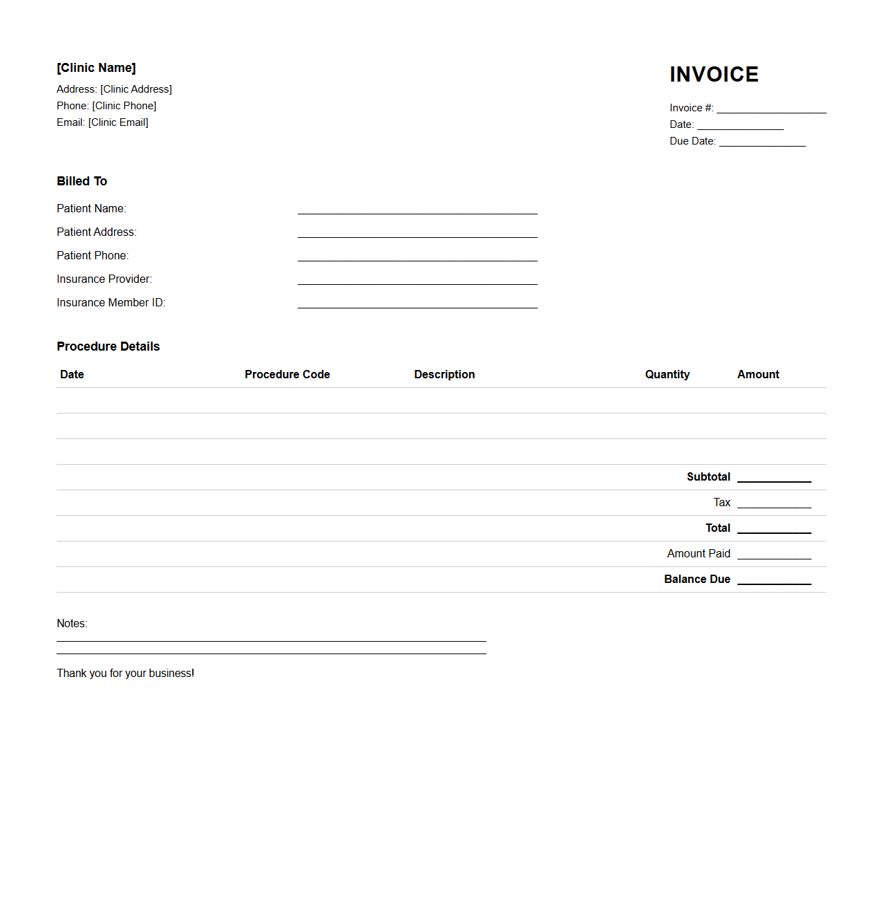 Dental Billing Blank Invoice Template