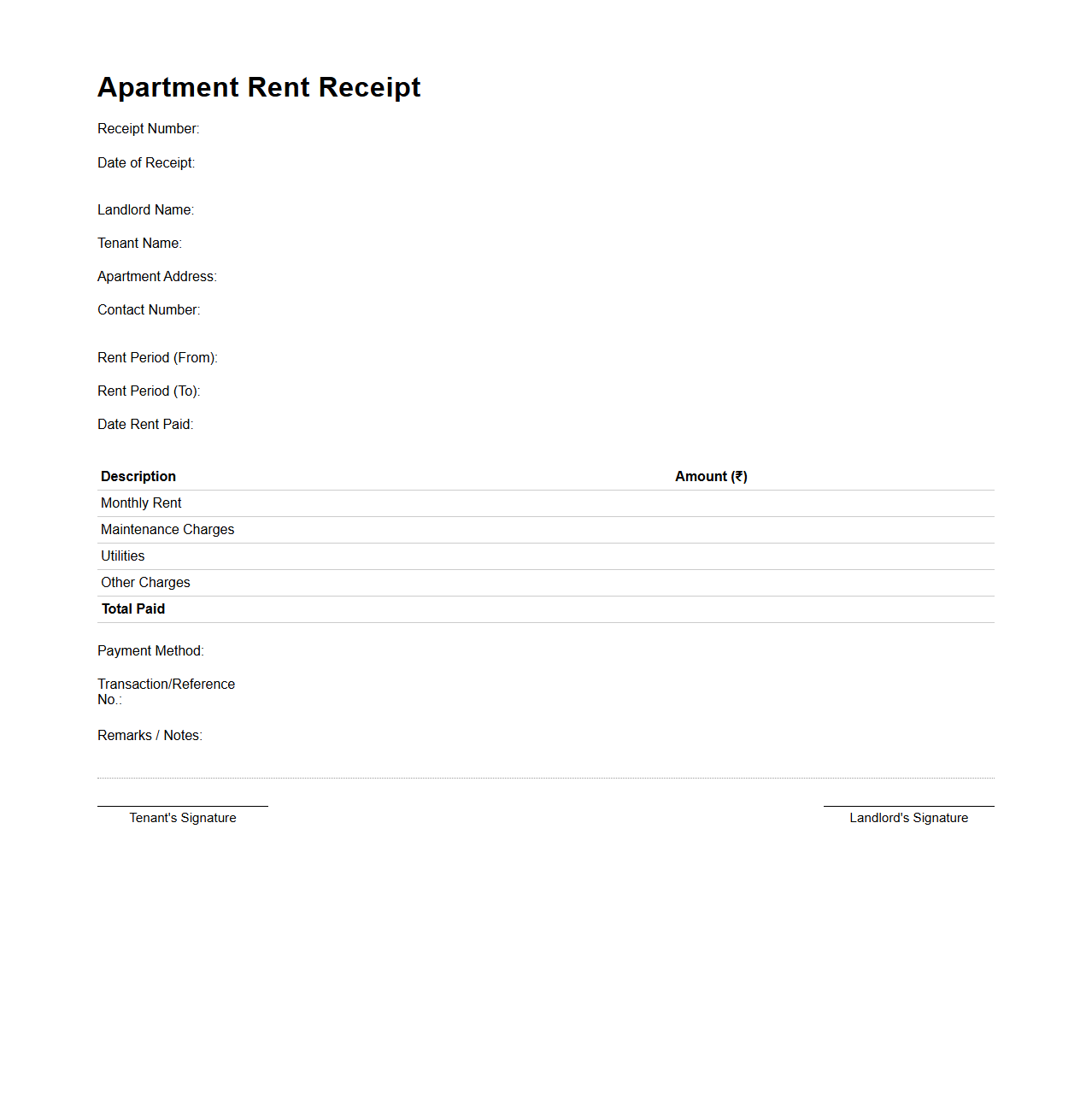 Detailed Apartment Rent Receipt for Record Keeping