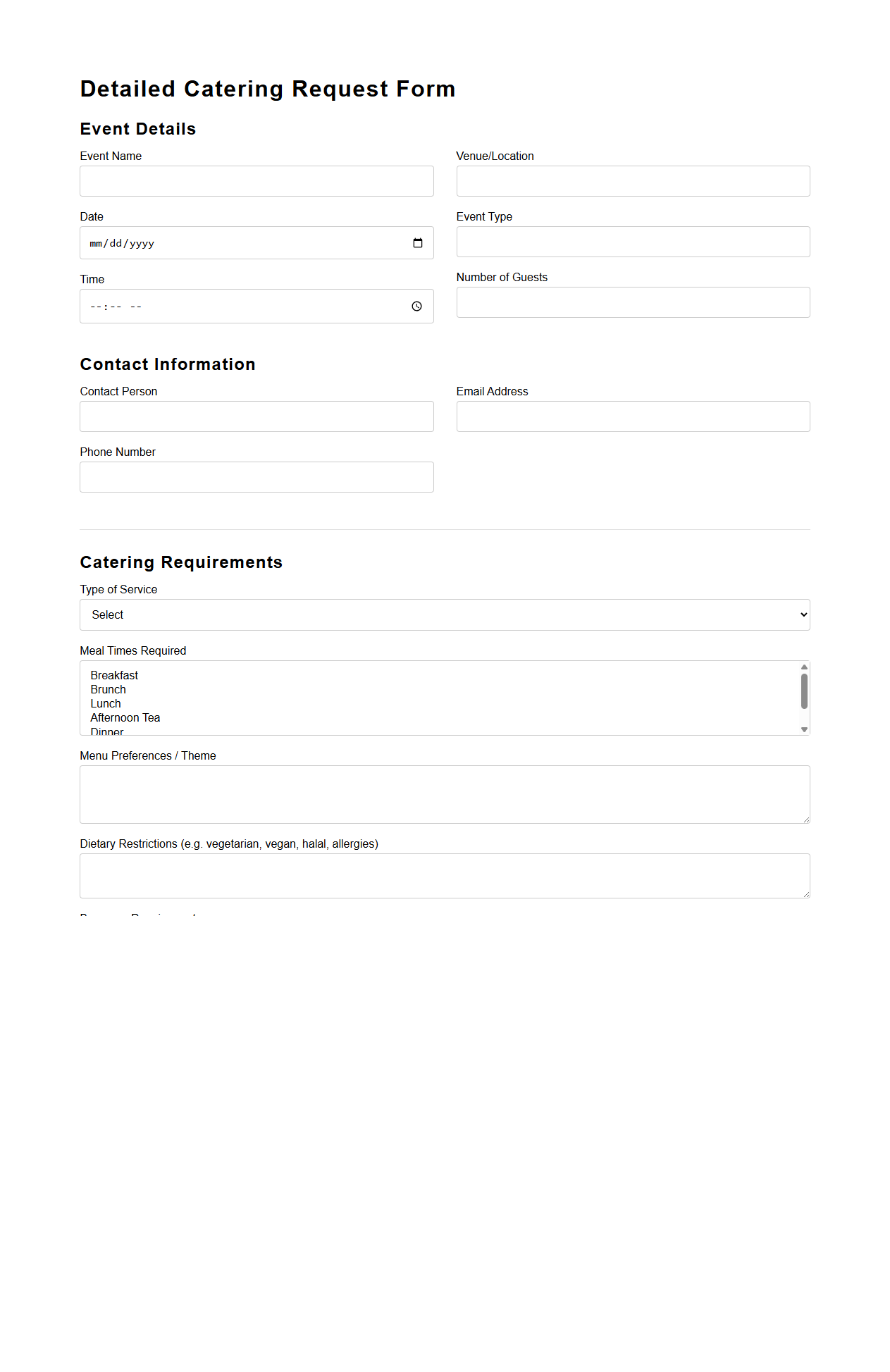 Detailed Catering Request Template for Event Management