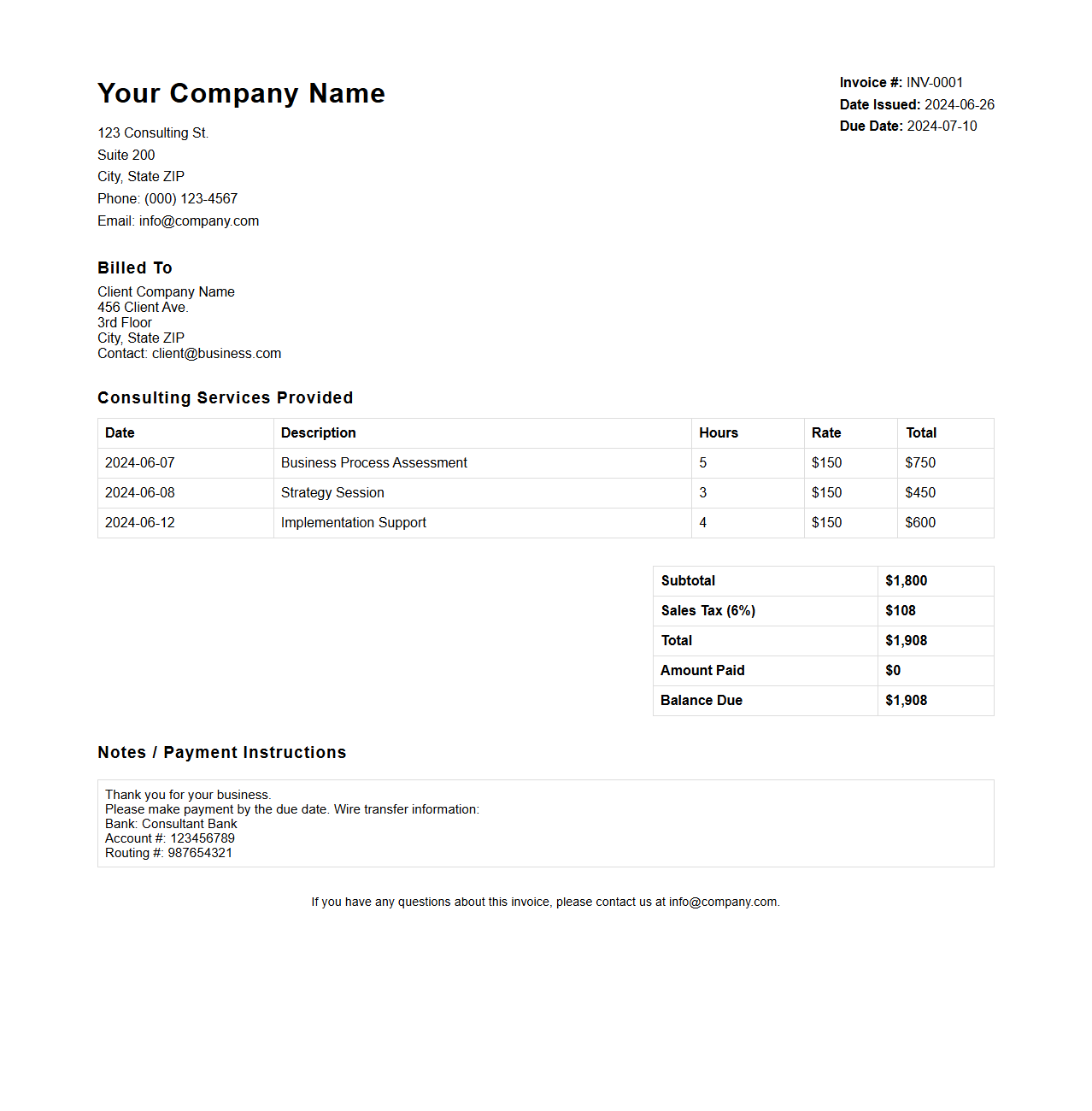 Detailed Consulting Invoice Template for Business Consultants