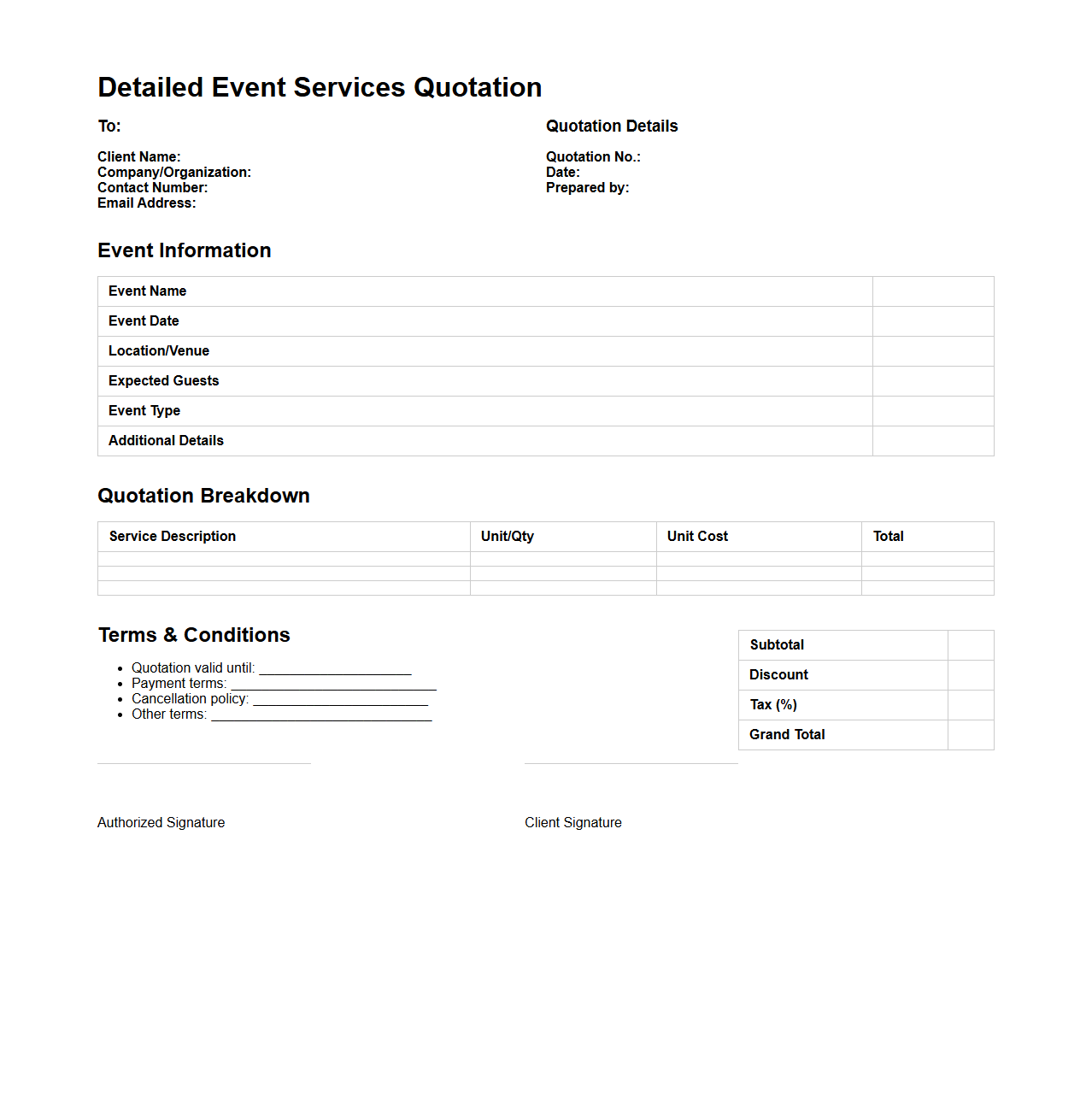 Detailed Event Services Quotation Template