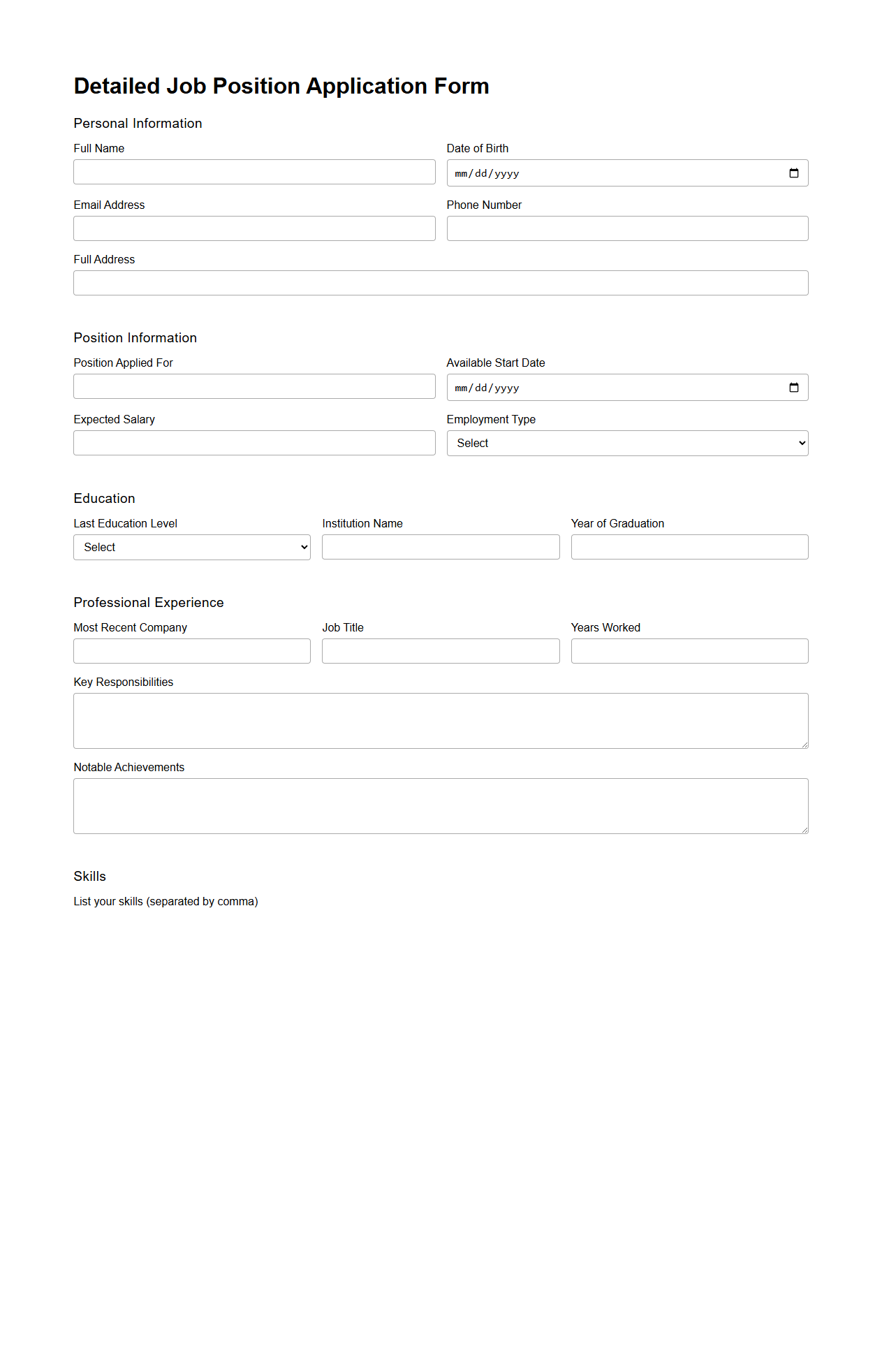 Detailed Job Position Application Form