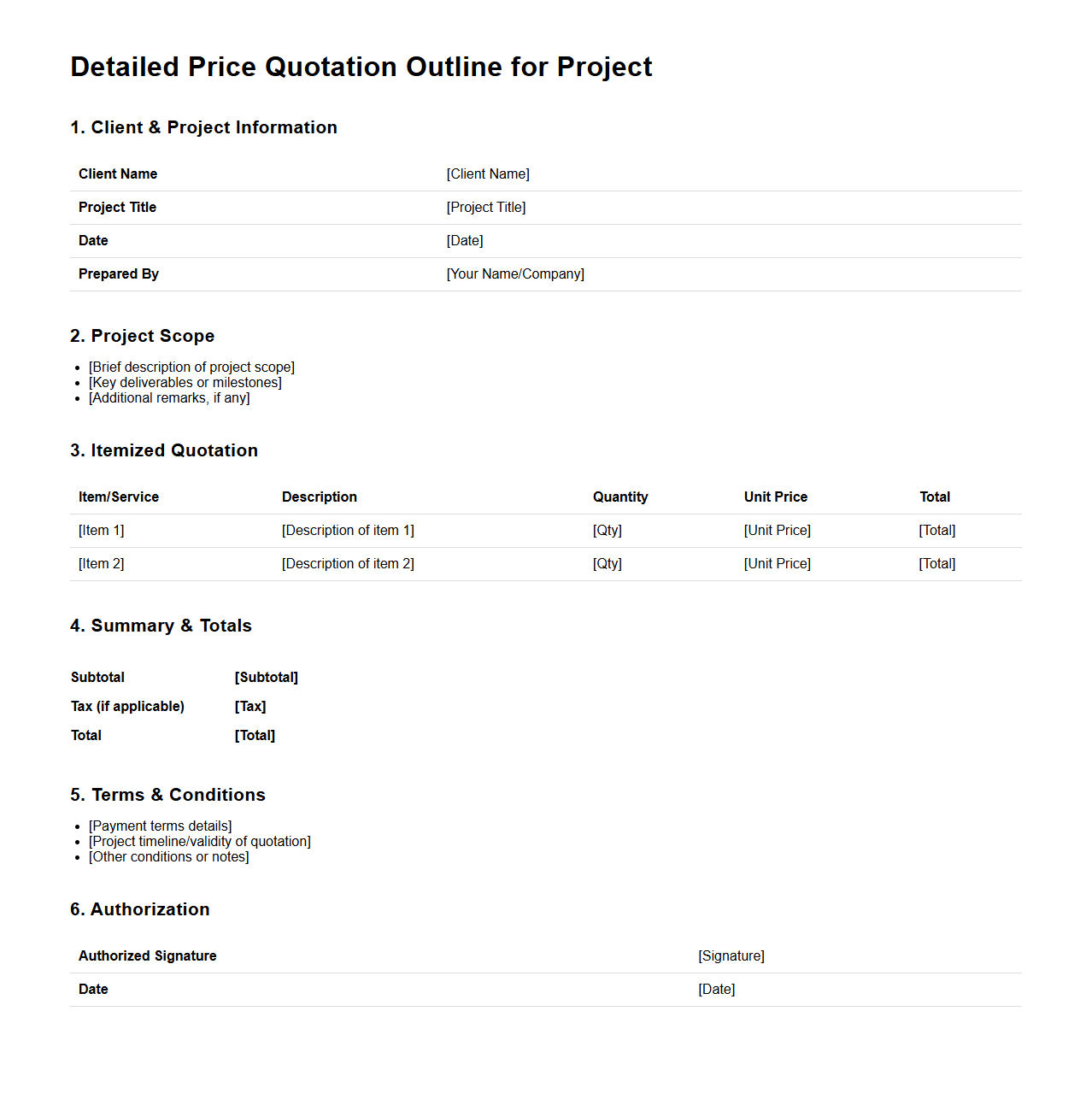 Detailed Price Quotation Outline for Projects