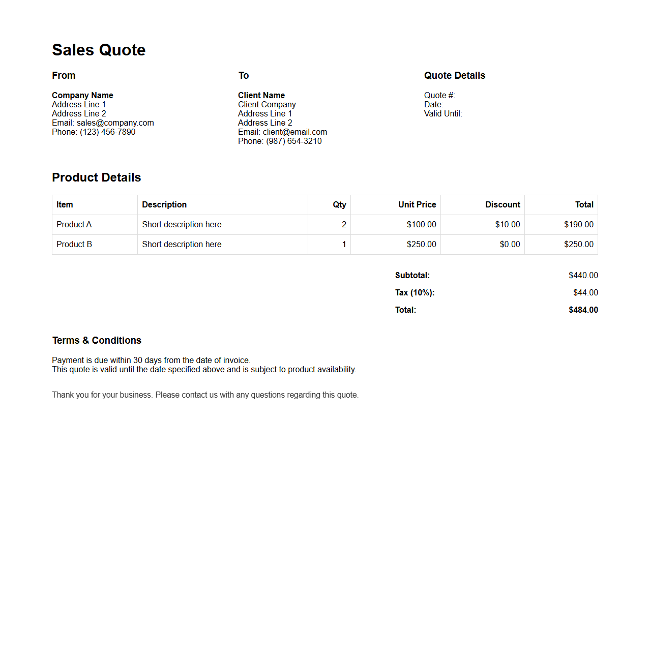 Detailed Sales Quote Template for Products