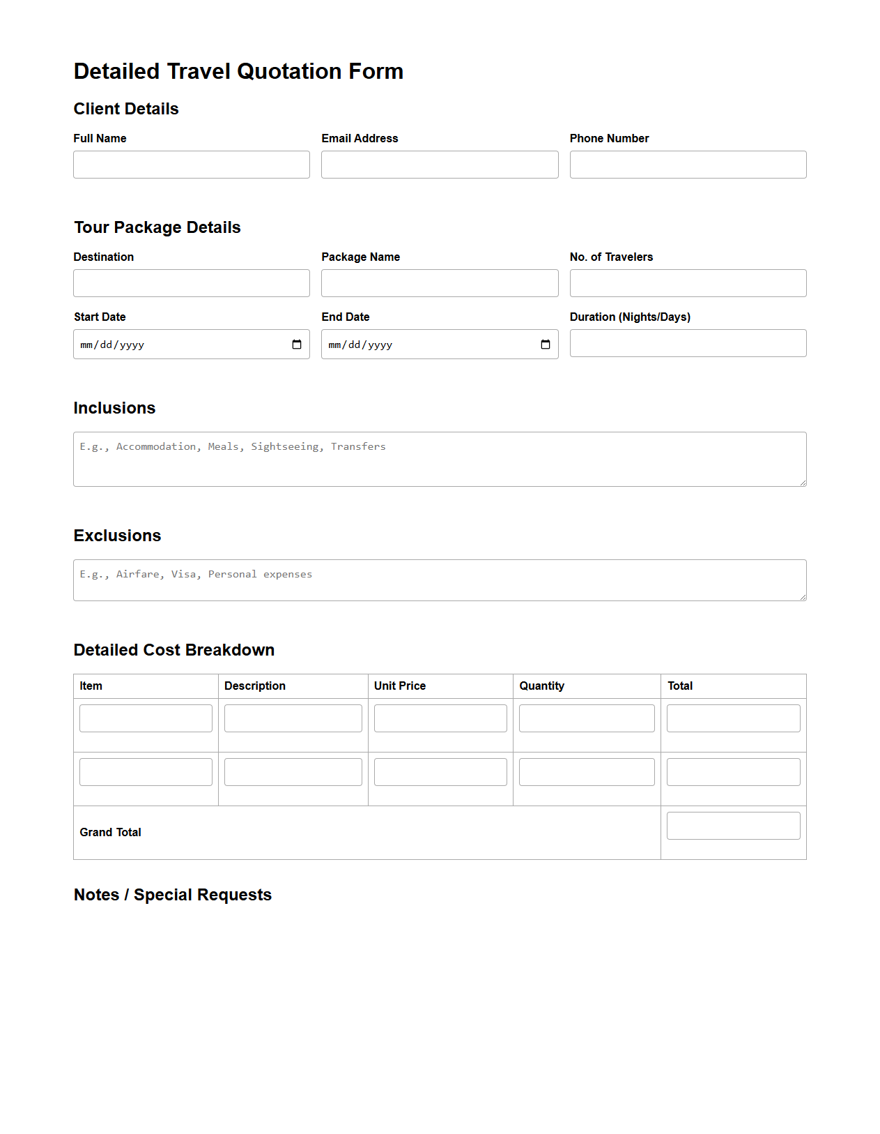 Detailed Travel Quotation Form for Tour Packages