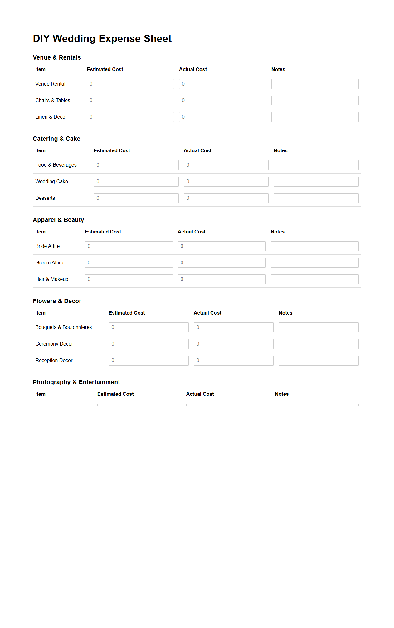DIY Wedding Expense Sheet