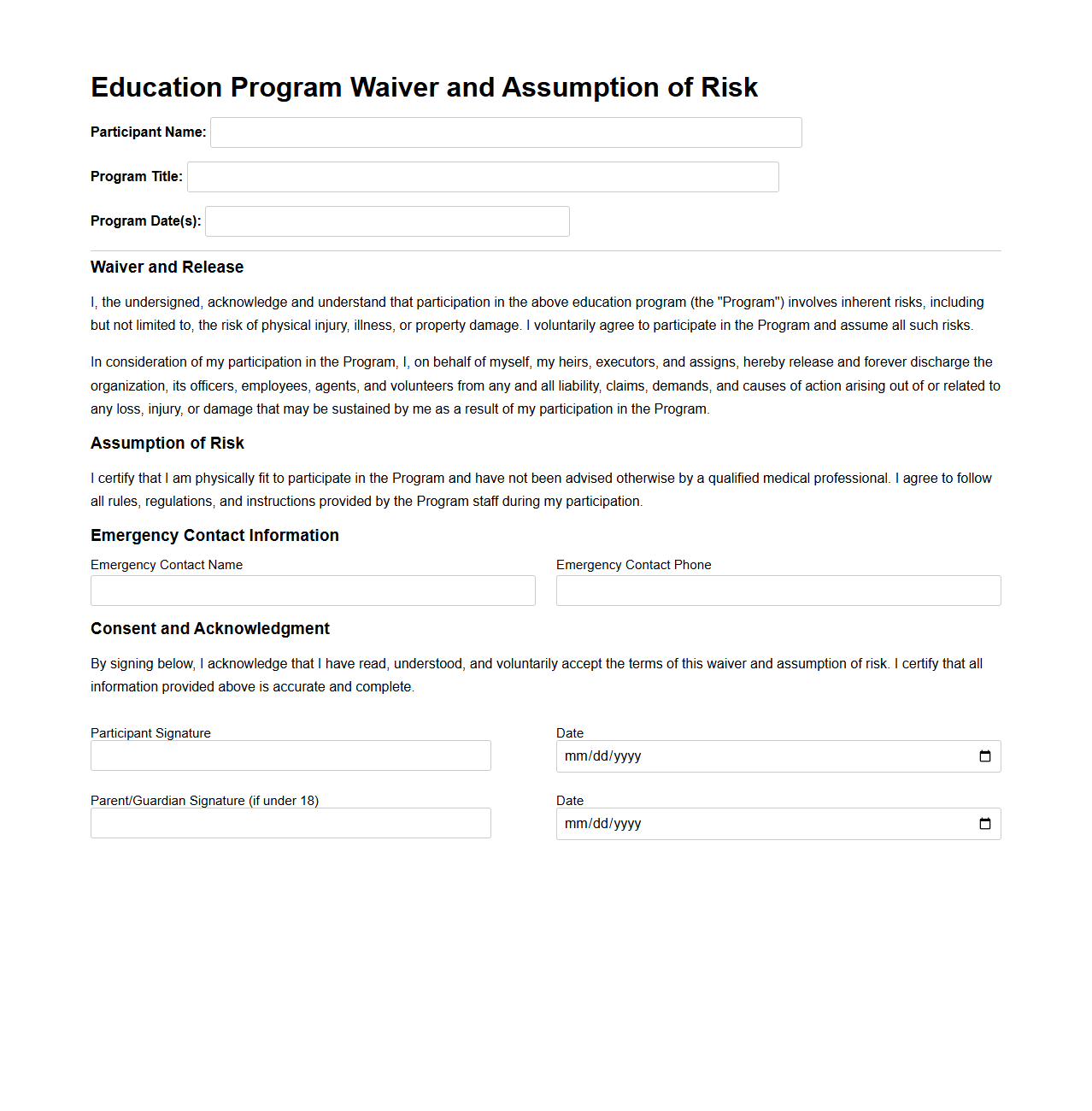 Education Program Waiver and Assumption of Risk