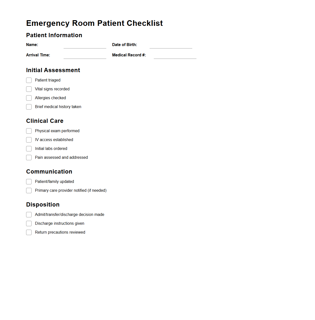 Emergency Room Patient Checklist Template