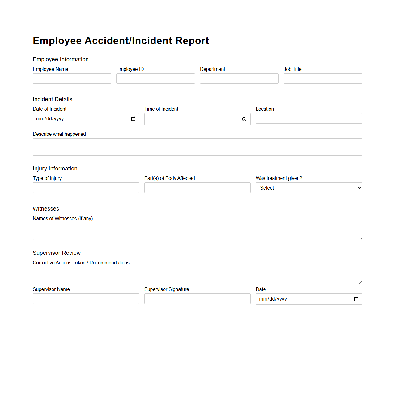 Employee Accident Incident Report Template