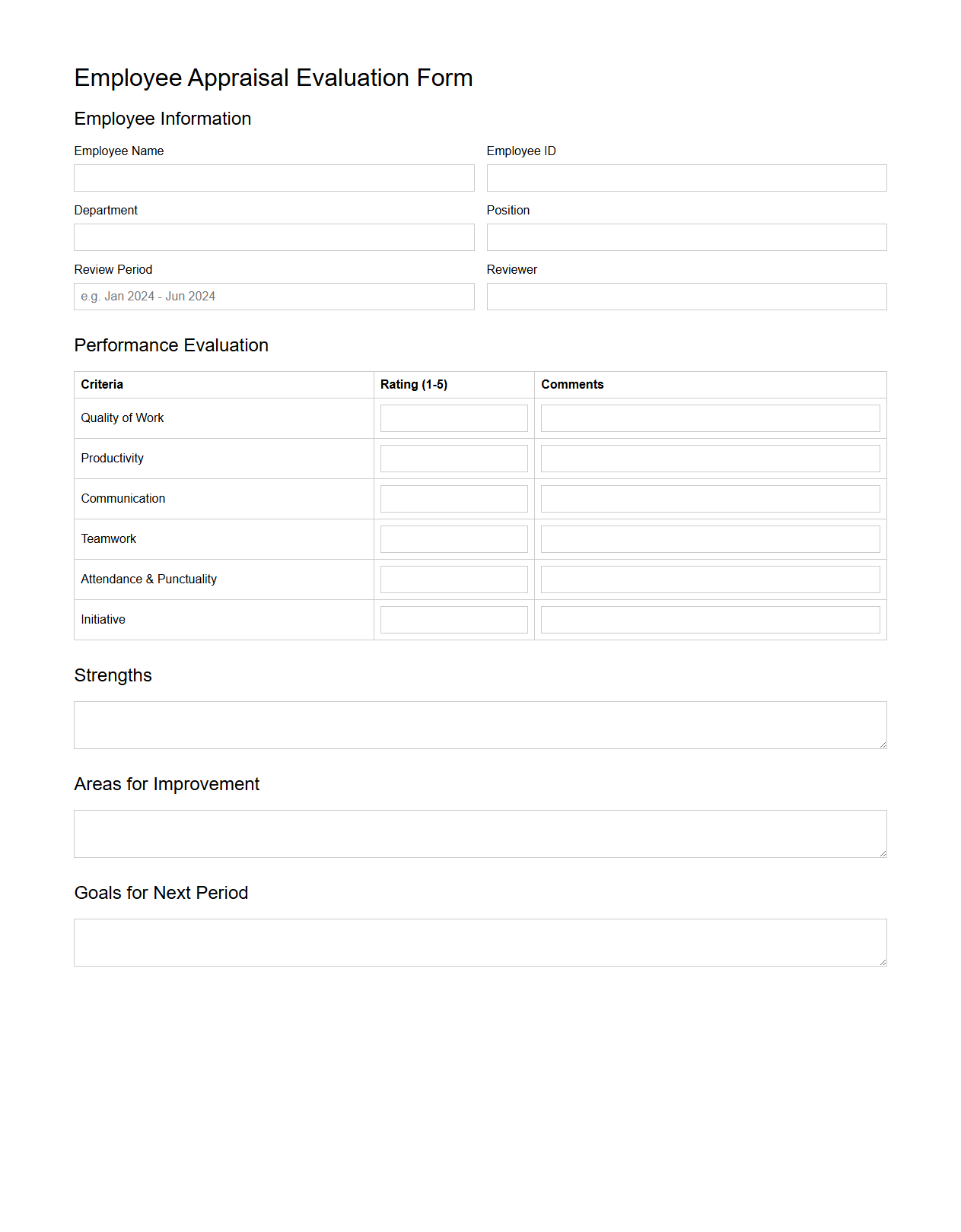 Employee Appraisal Evaluation Form Template