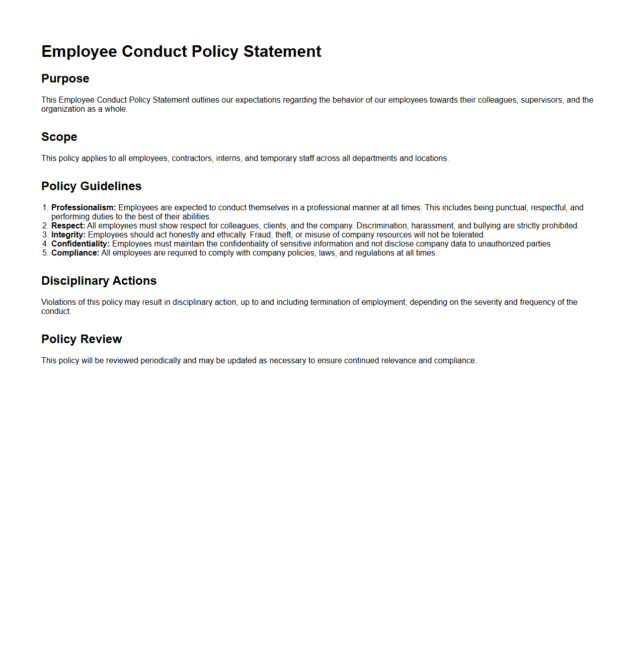Employee Conduct Policy Statement Example