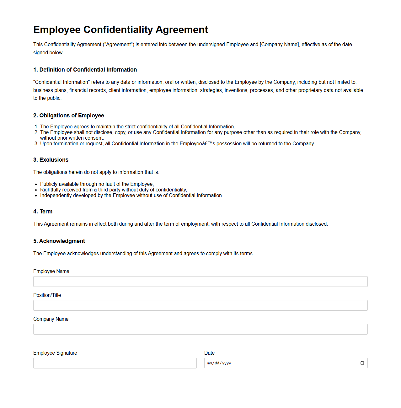 Employee Confidentiality Agreement Form for Sensitive Information