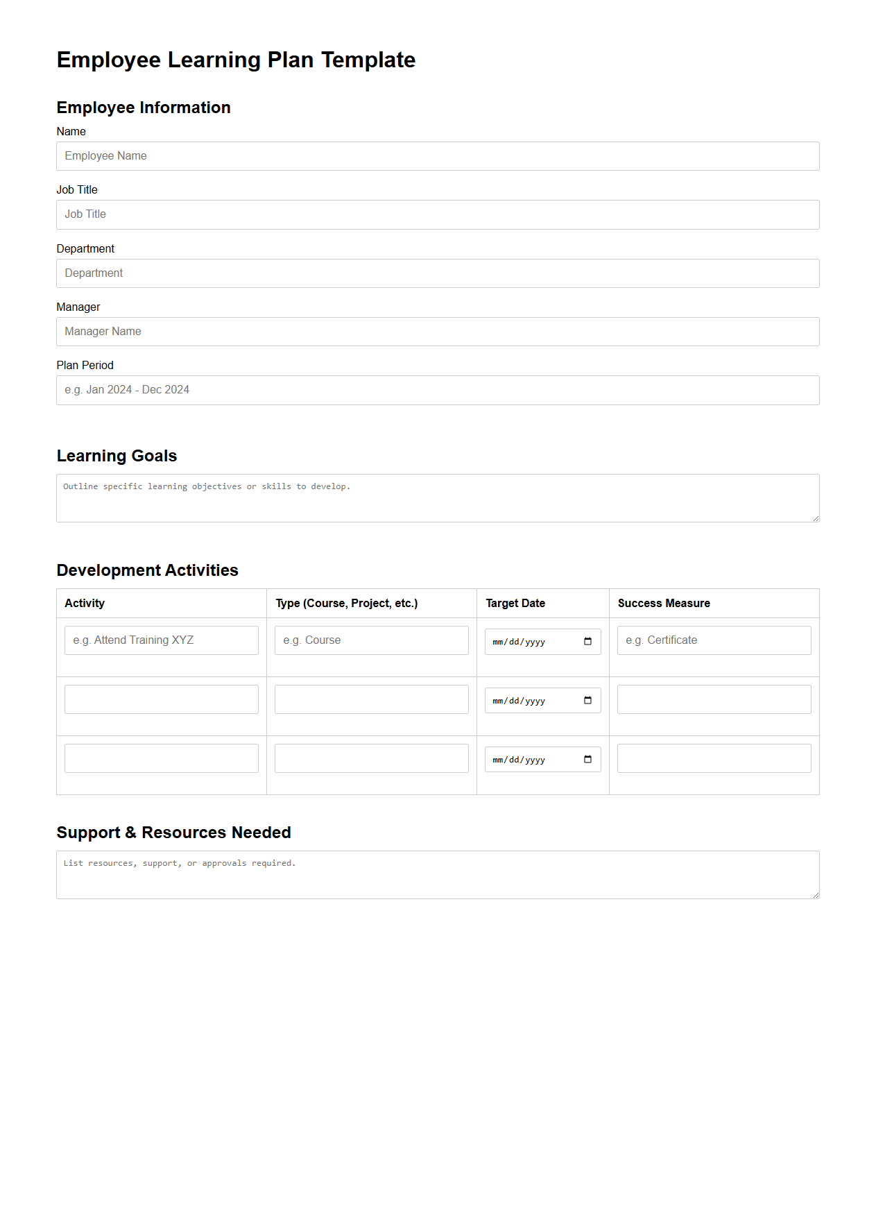 Employee Learning Plan Template