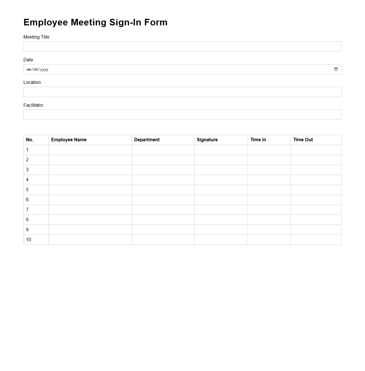 Employee Meeting Sign-In Form