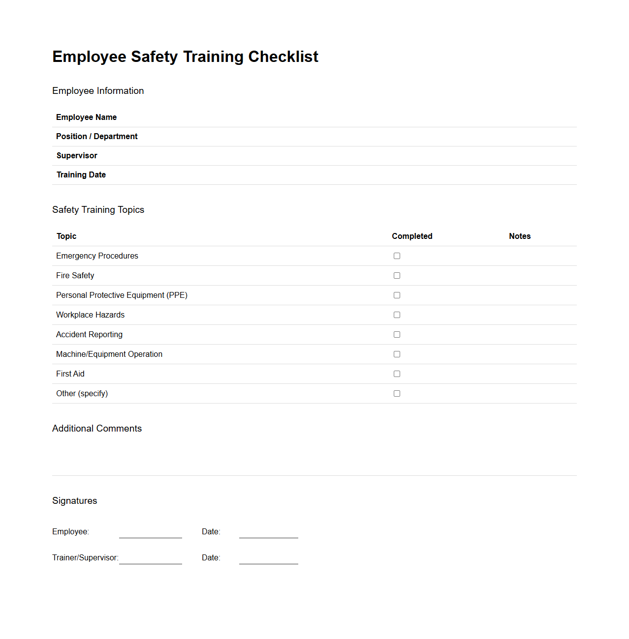 Employee Safety Training Checklist Template