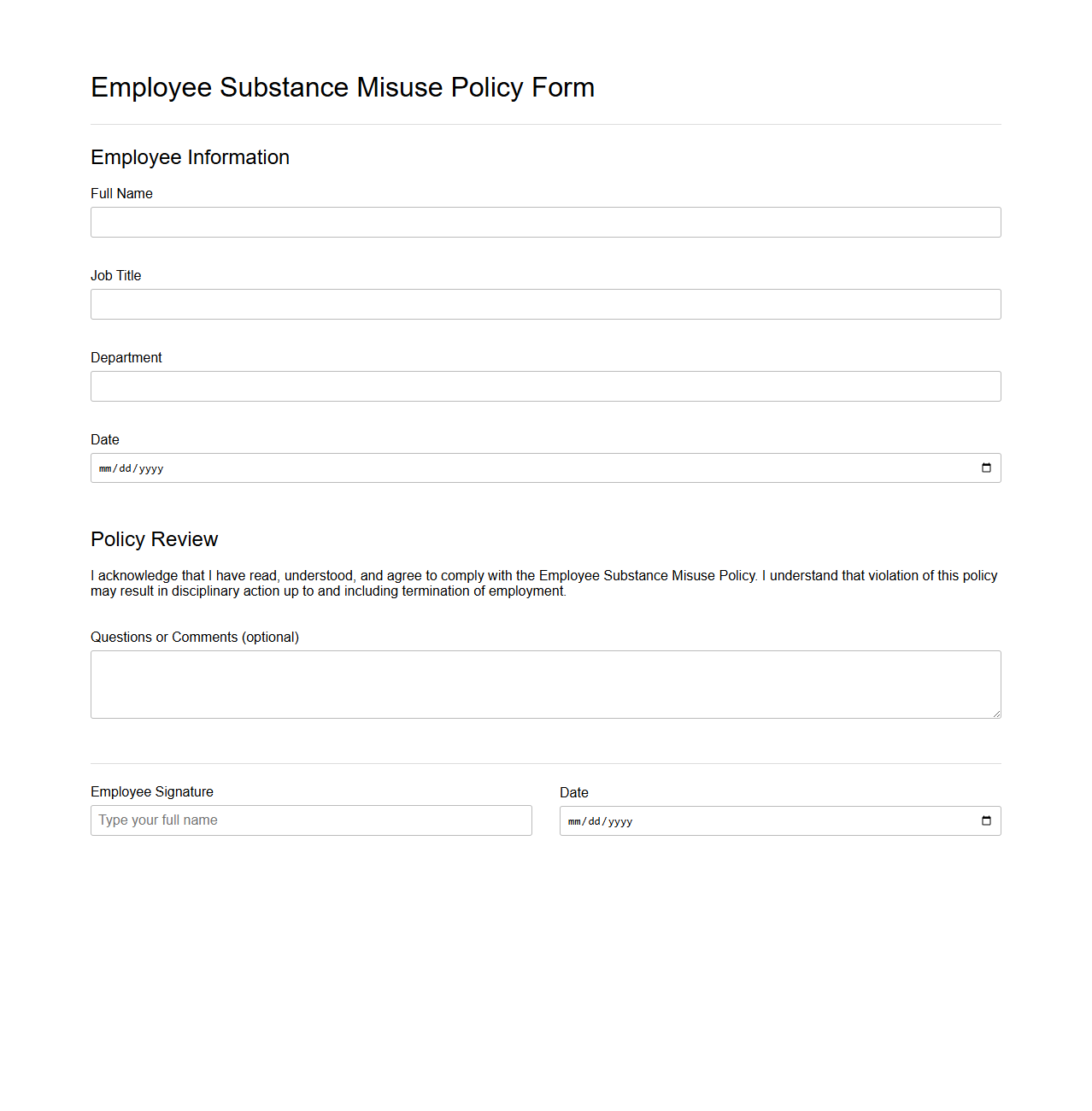 Employee Substance Misuse Policy Form