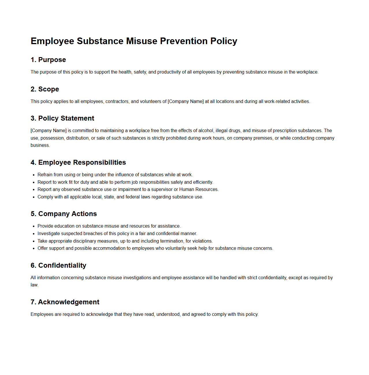 Employee Substance Misuse Prevention Policy Sample