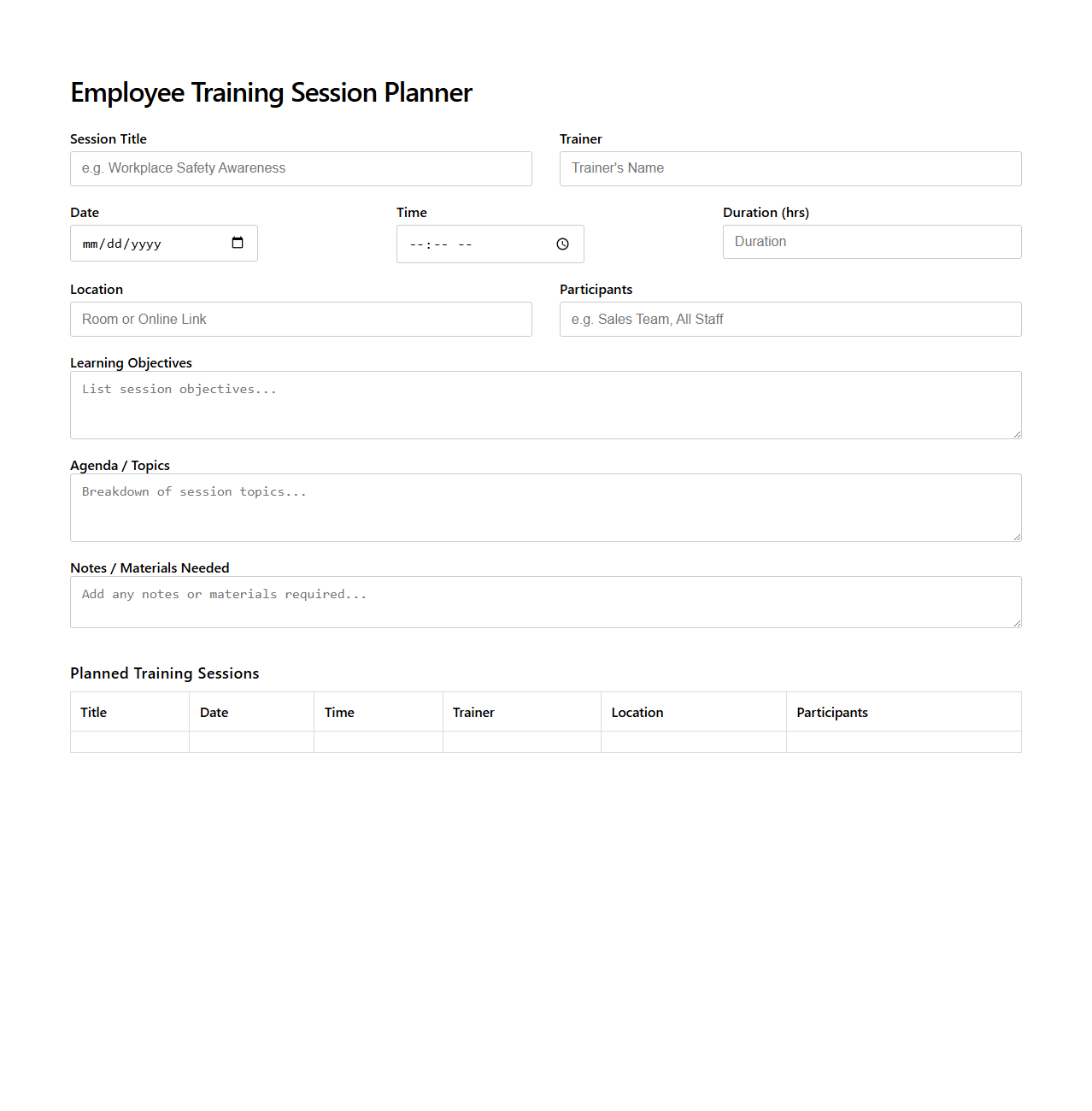 Employee Training Session Planner