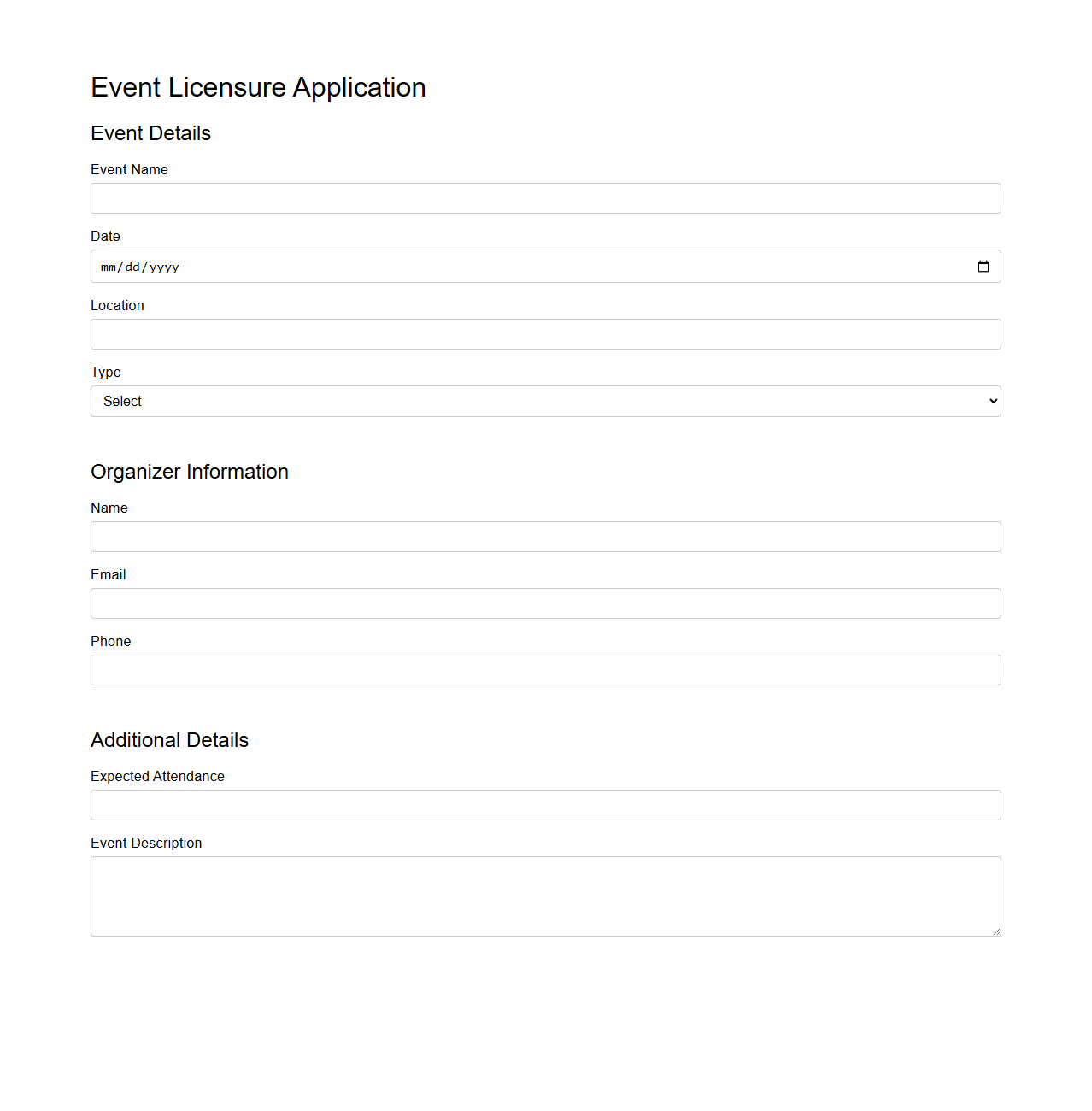 Empty Event Licensure Application Framework