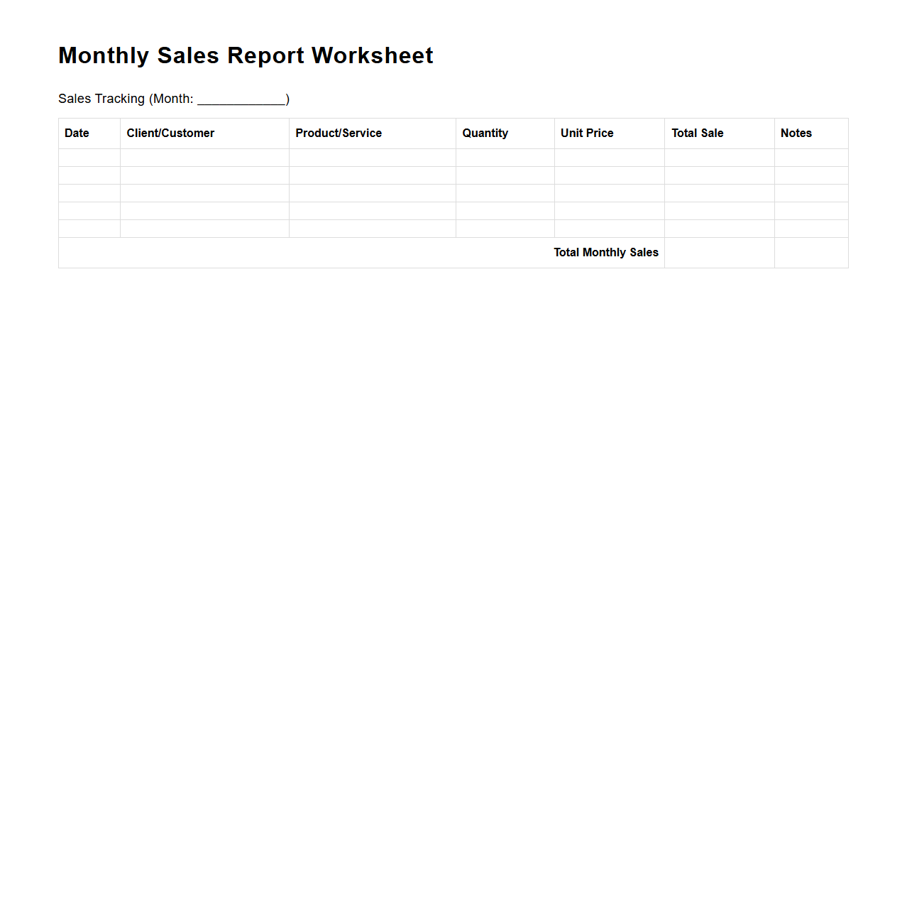 Empty Sales Report Worksheet for Monthly Tracking