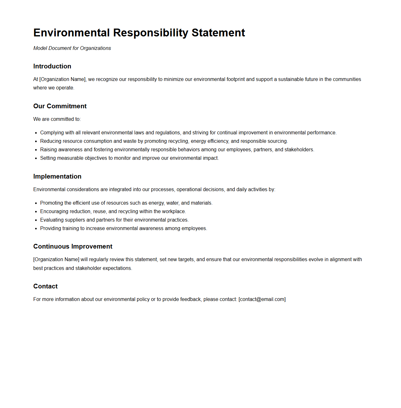 Environmental Responsibility Statement Model for Organizations