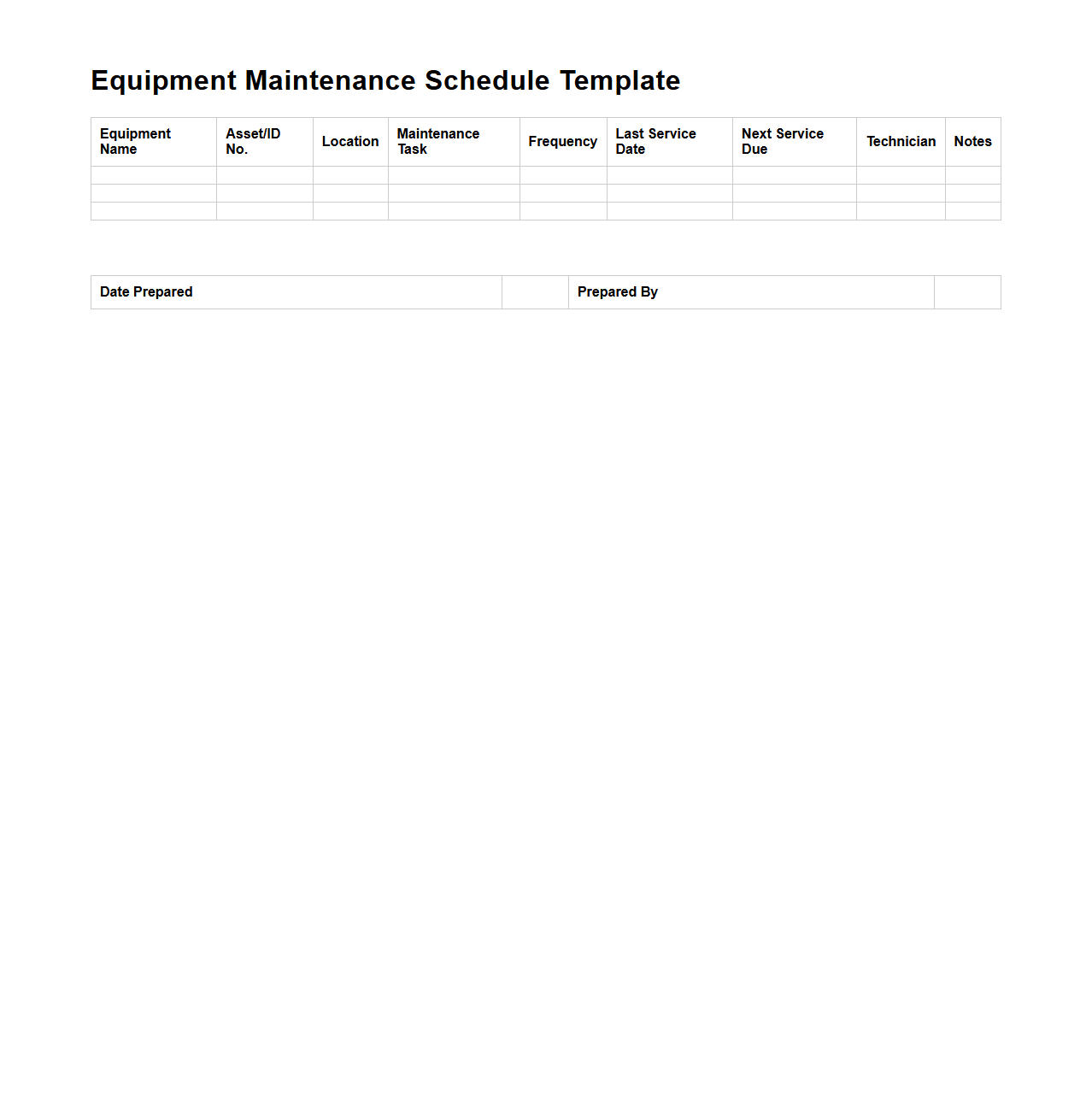 Equipment Maintenance Schedule Template