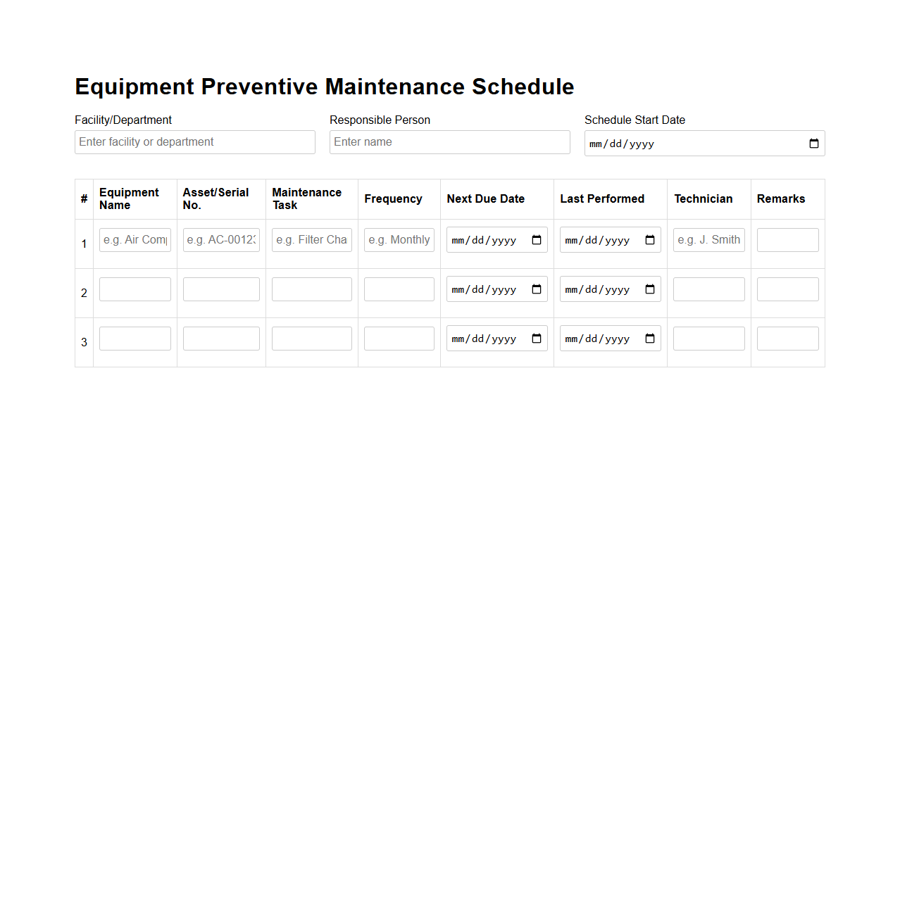 Equipment Preventive Maintenance Schedule Template