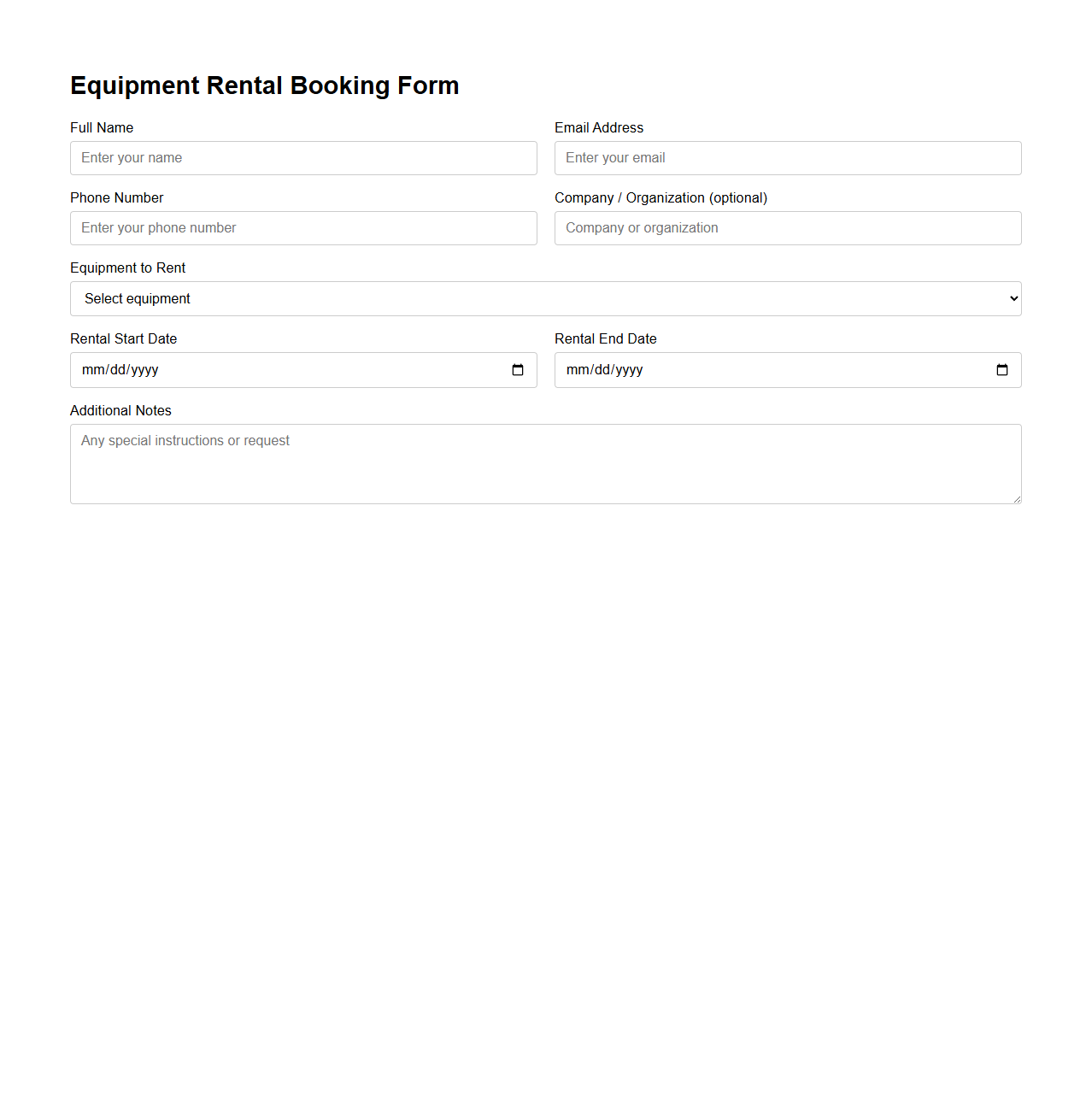 Equipment Rental Booking Form