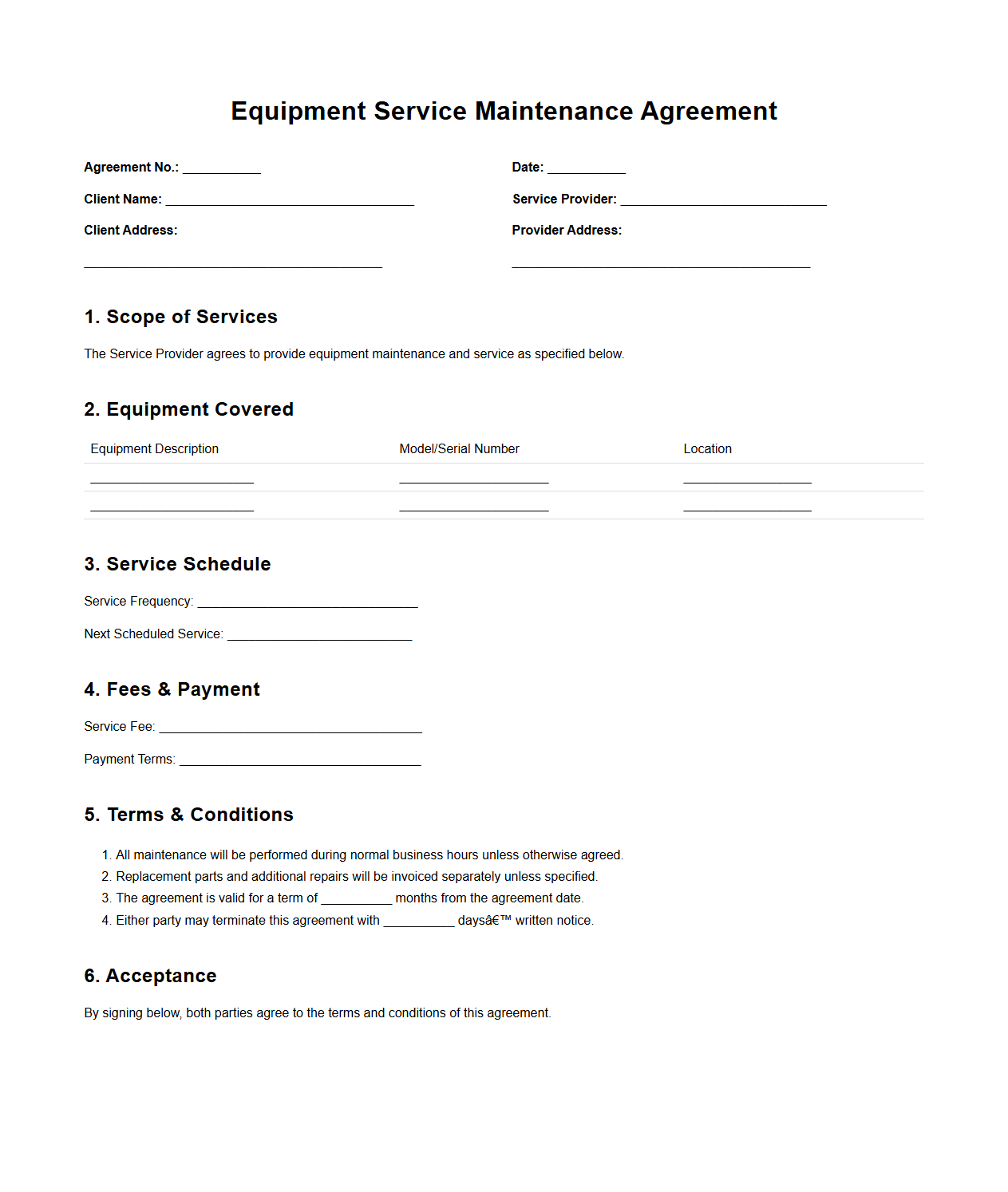 Equipment Service Maintenance Agreement Layout