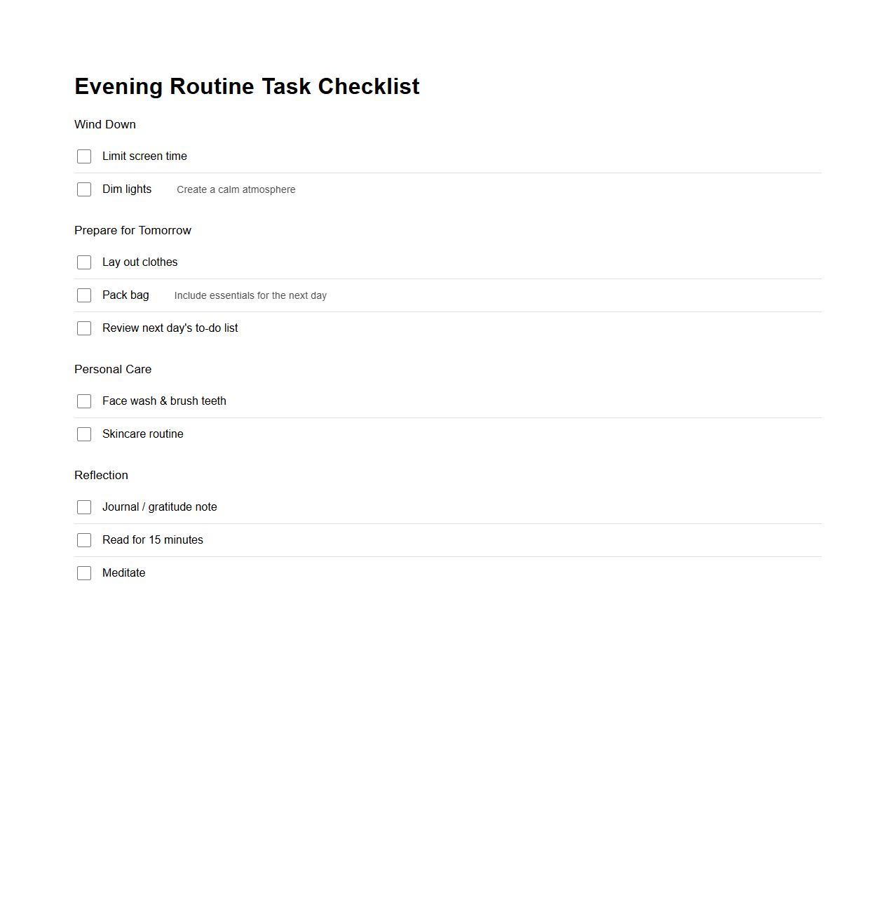 Evening Routine Task Checklist Variation