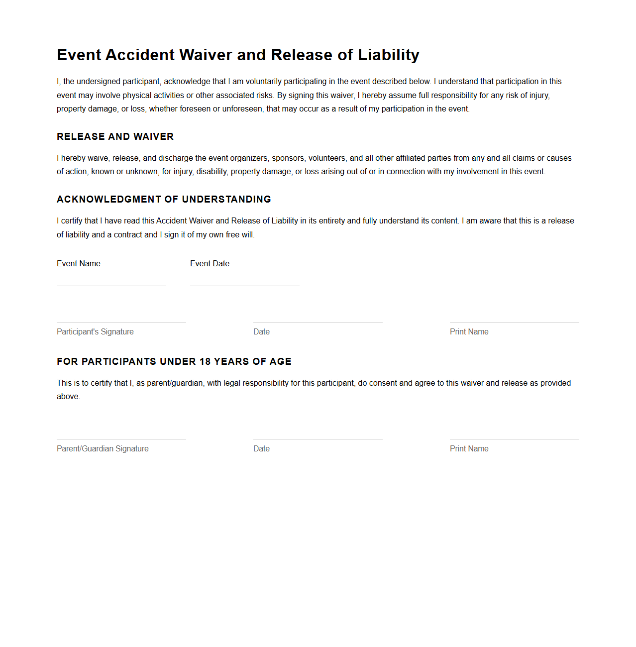 Event Accident Waiver and Release Template