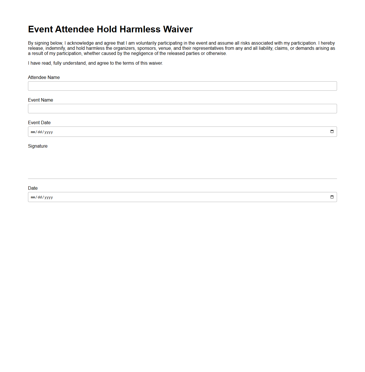Event Attendee Hold Harmless Waiver