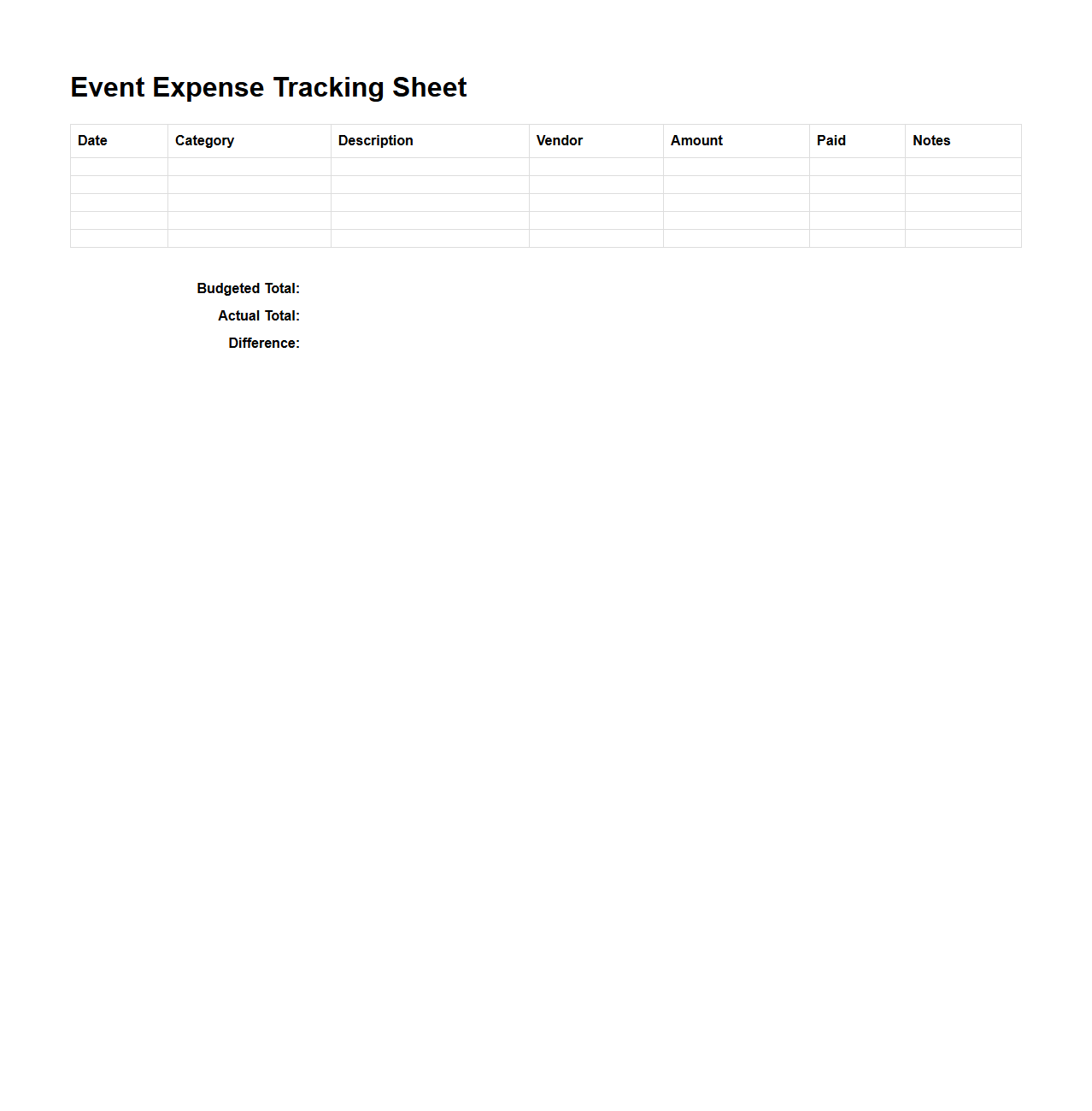 Event Expense Tracking Sheet Template