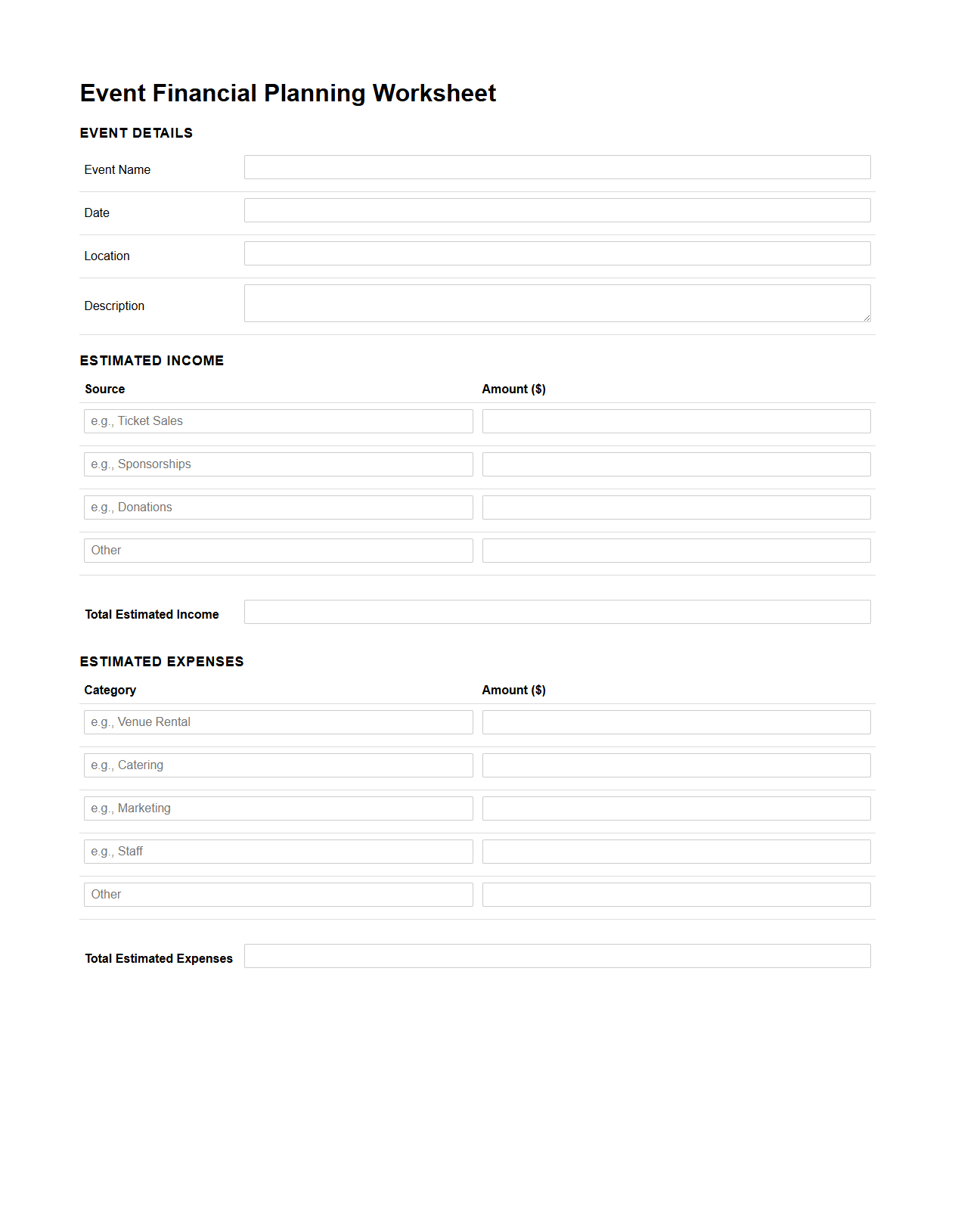 Event Financial Planning Worksheet