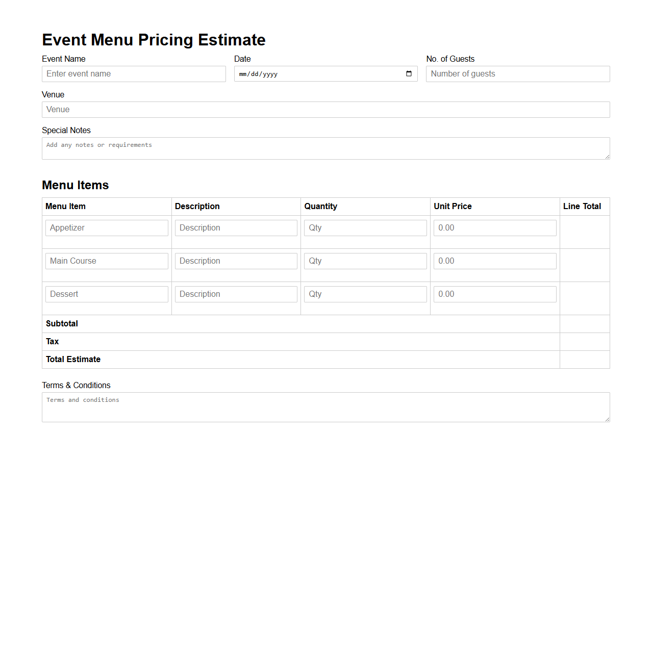 Event Menu Pricing Estimate Page