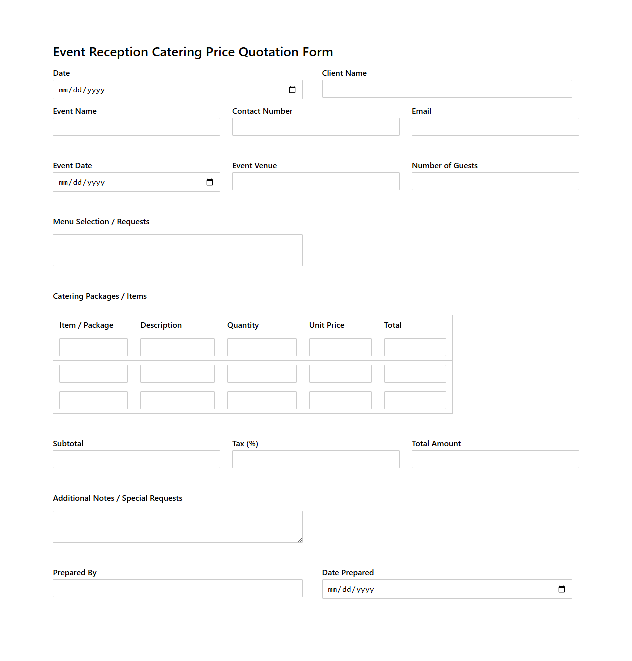 Event Reception Catering Price Quotation Form