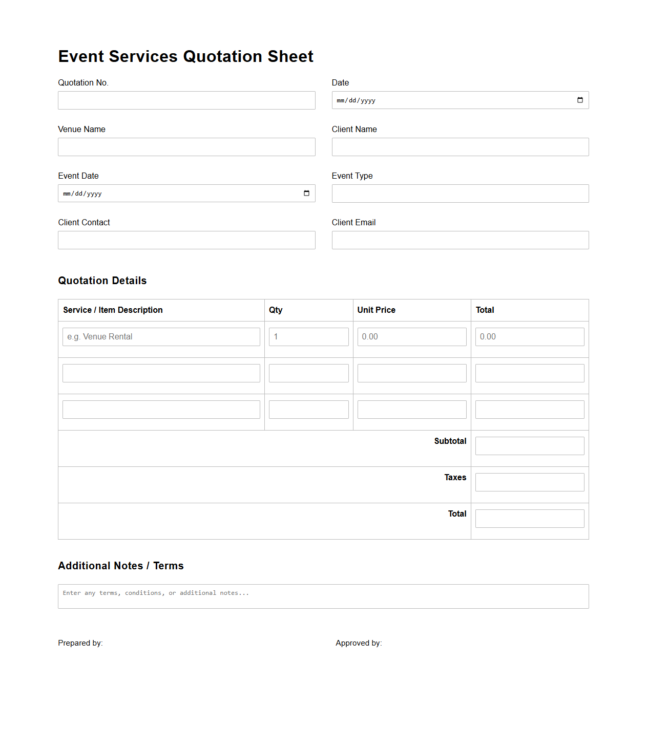 Event Services Quotation Sheet for Venues