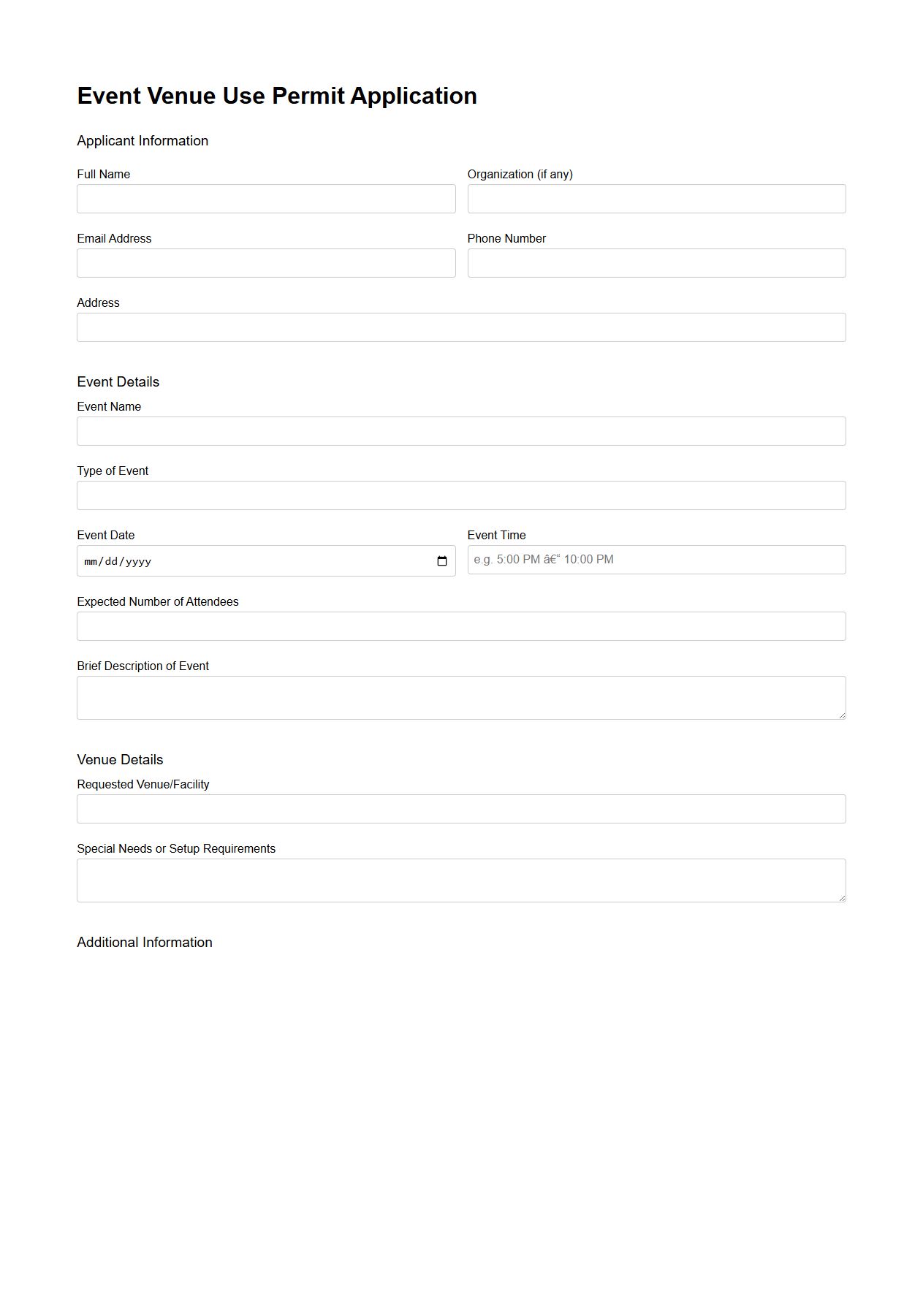Event Venue Use Permit Application Sample